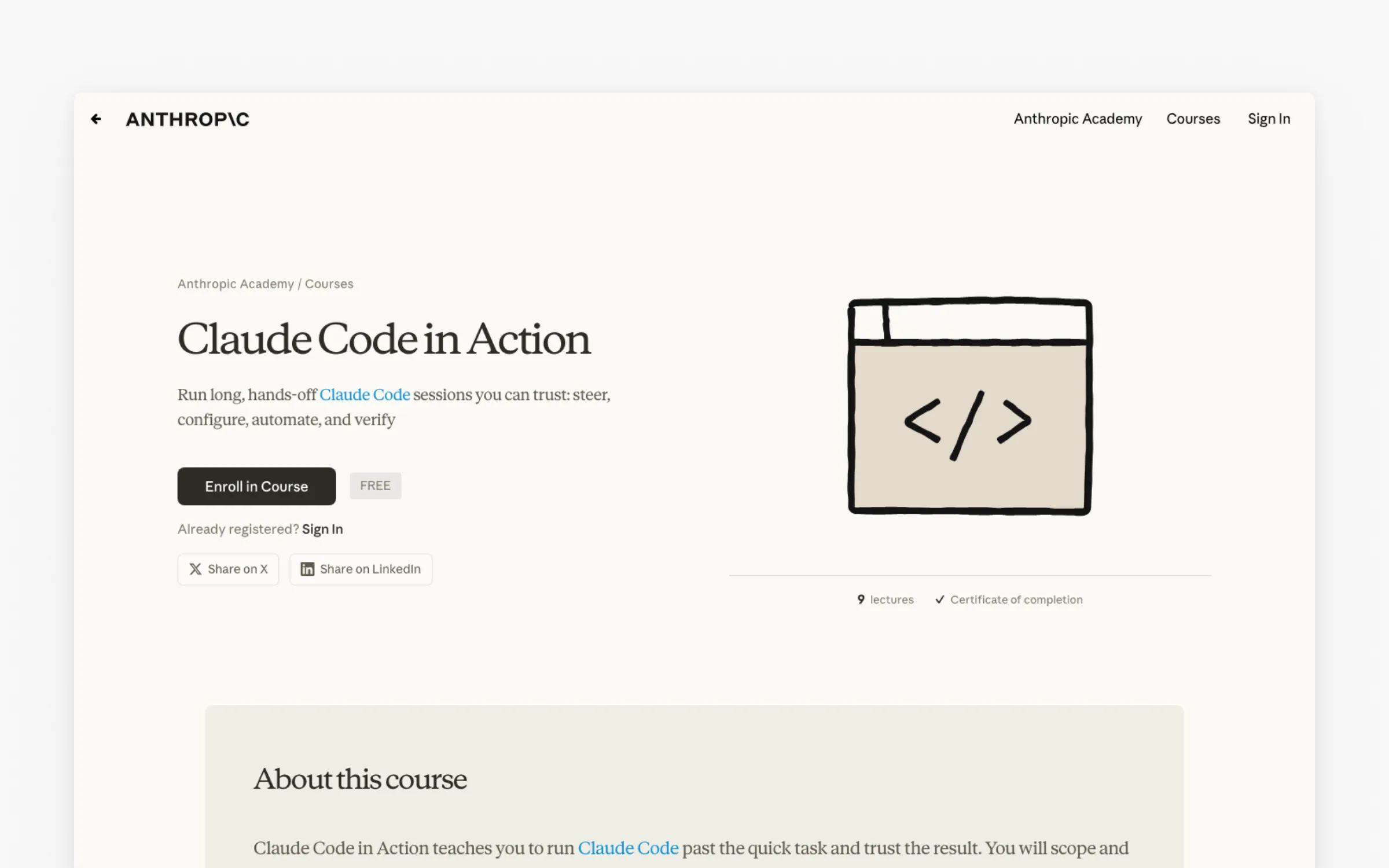 Claude Code in Action on Anthropic Academy, free with a certificate of completion
