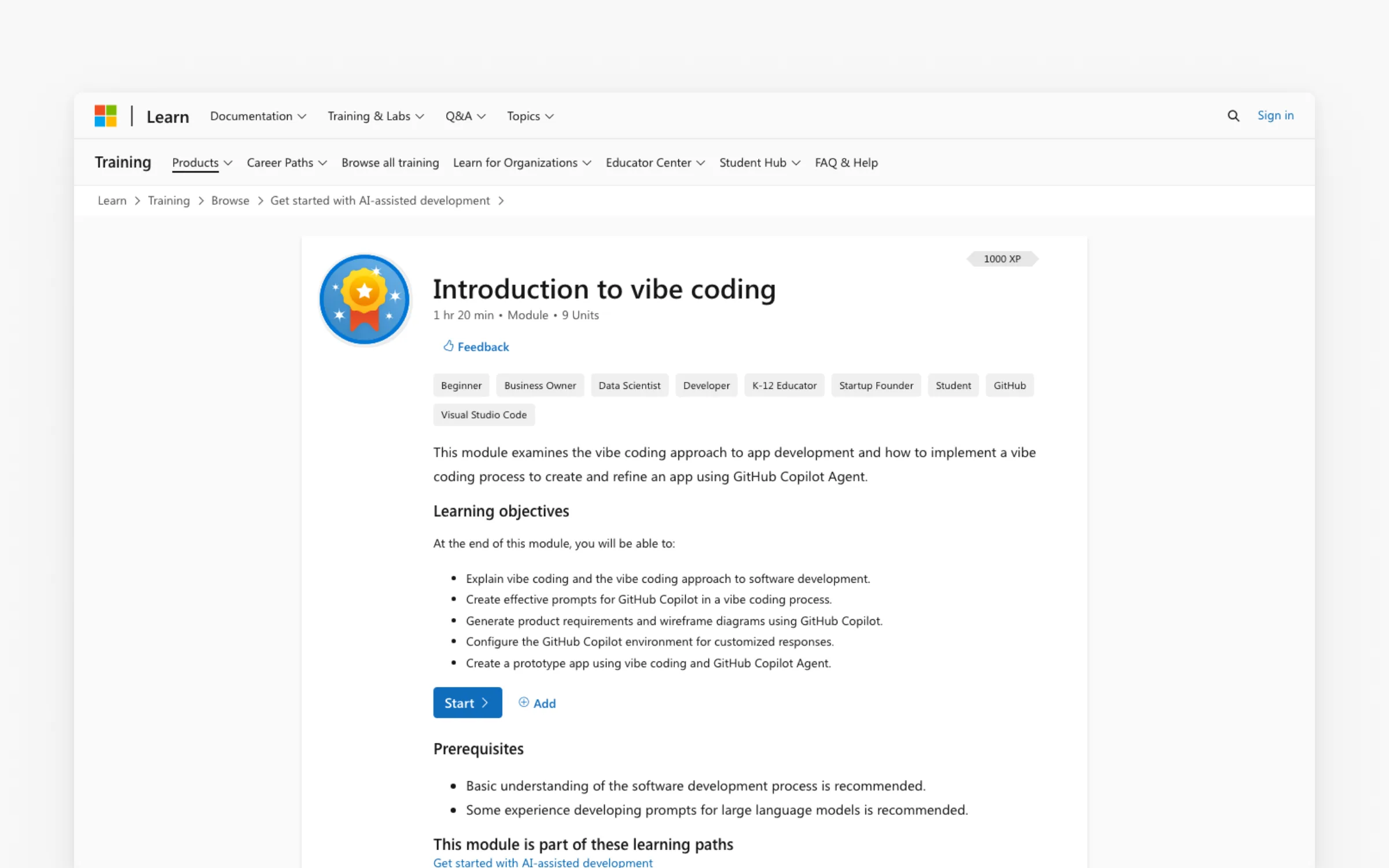 Microsoft Learn's free Introduction to Vibe Coding training module