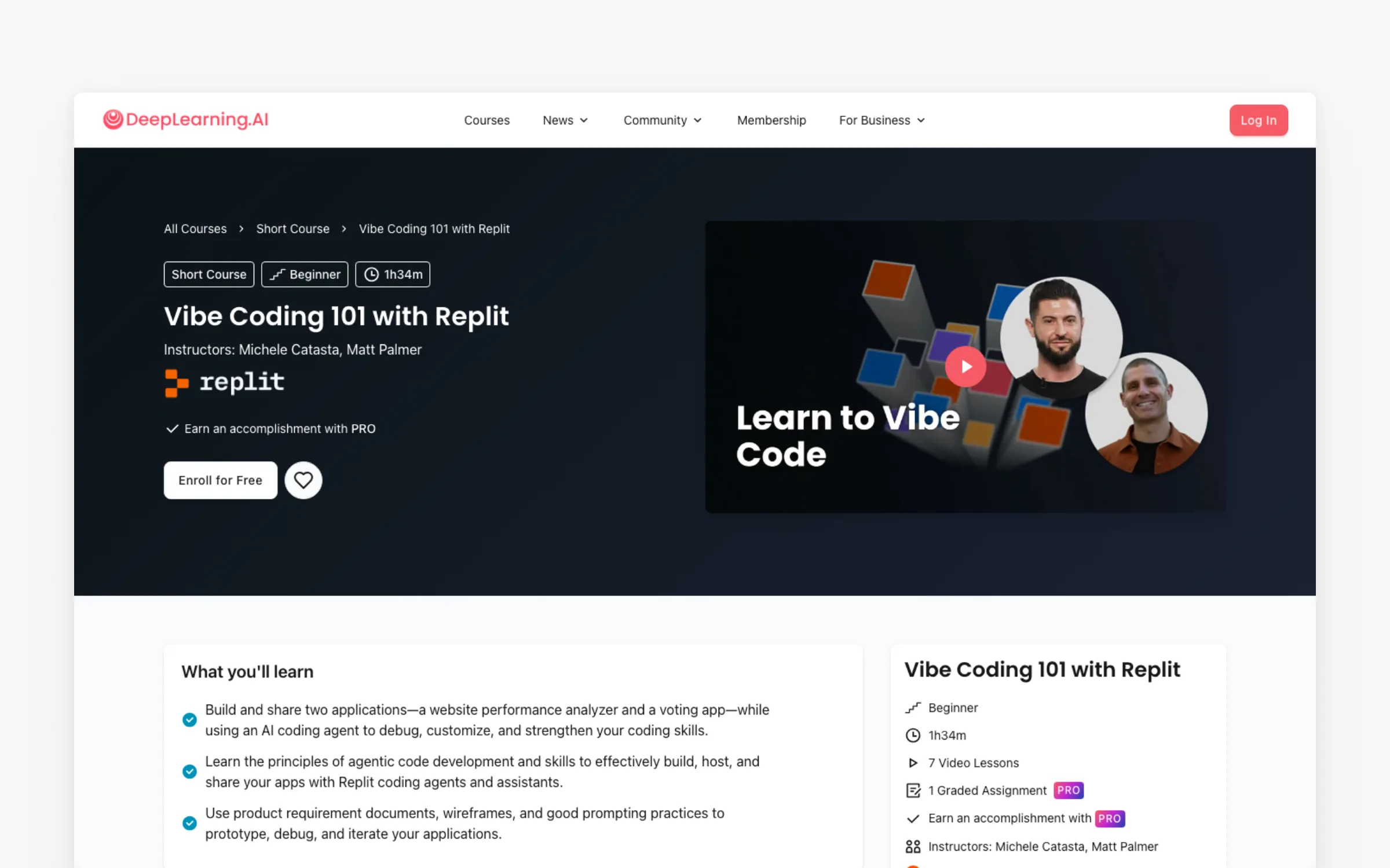 Vibe Coding 101 with Replit on DeepLearning.AI, a free 95-minute short course