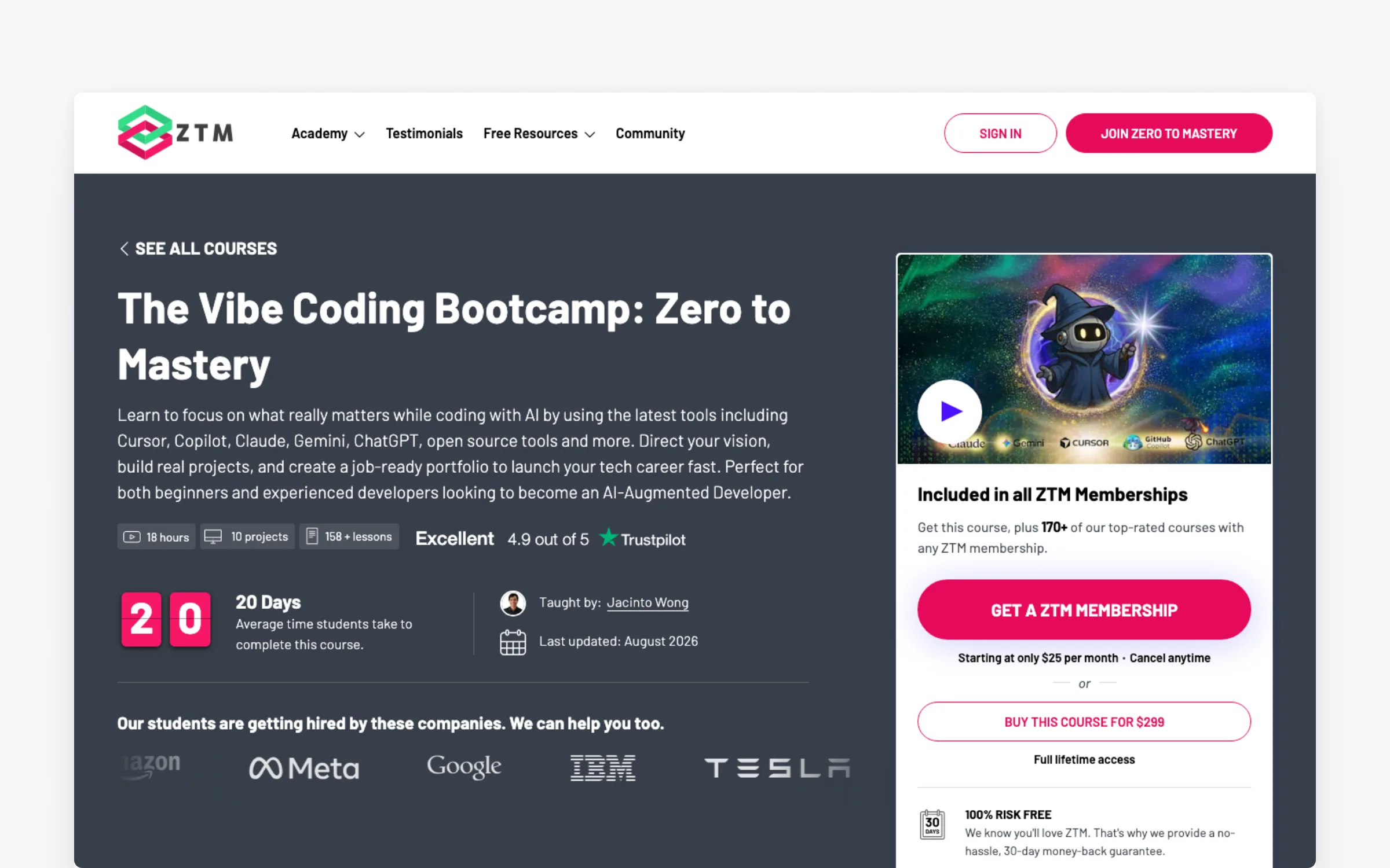 Zero To Mastery's Vibe Coding Bootcamp course page, 158 lessons and 10 projects