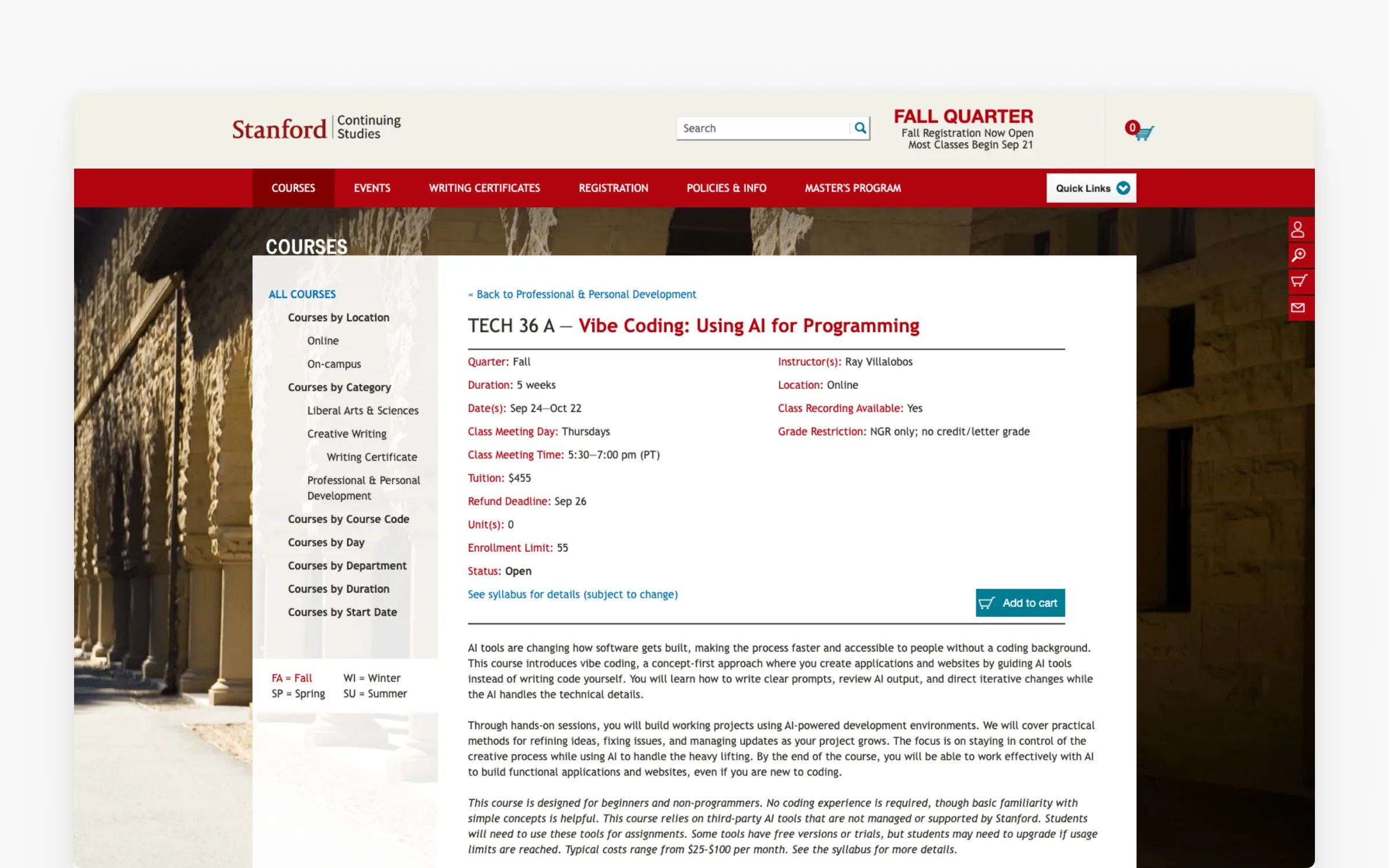 Stanford Continuing Studies TECH 36, Vibe Coding: Using AI for Programming, five weeks online