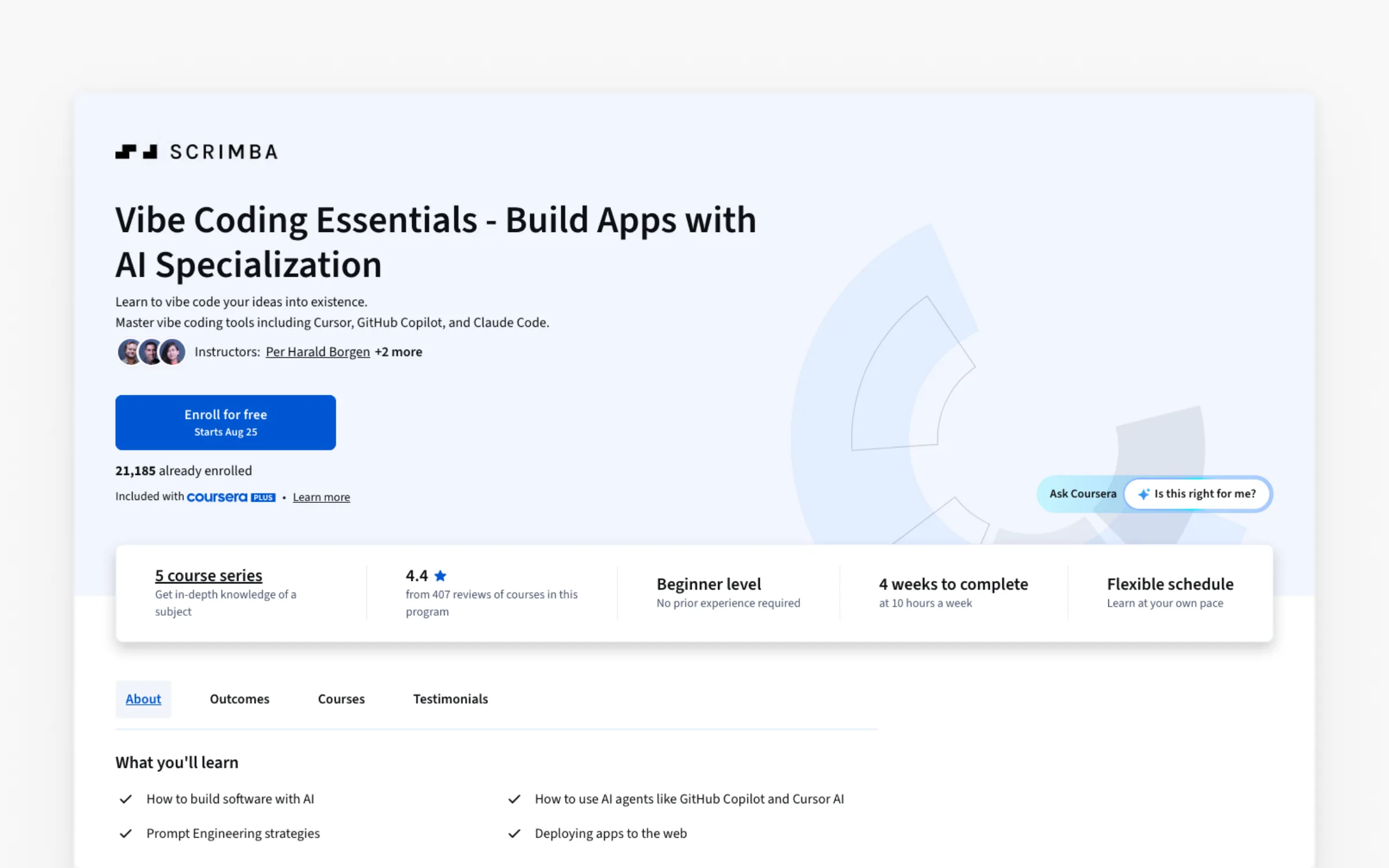Vibe Coding Essentials specialization by Scrimba on Coursera, five courses at beginner level