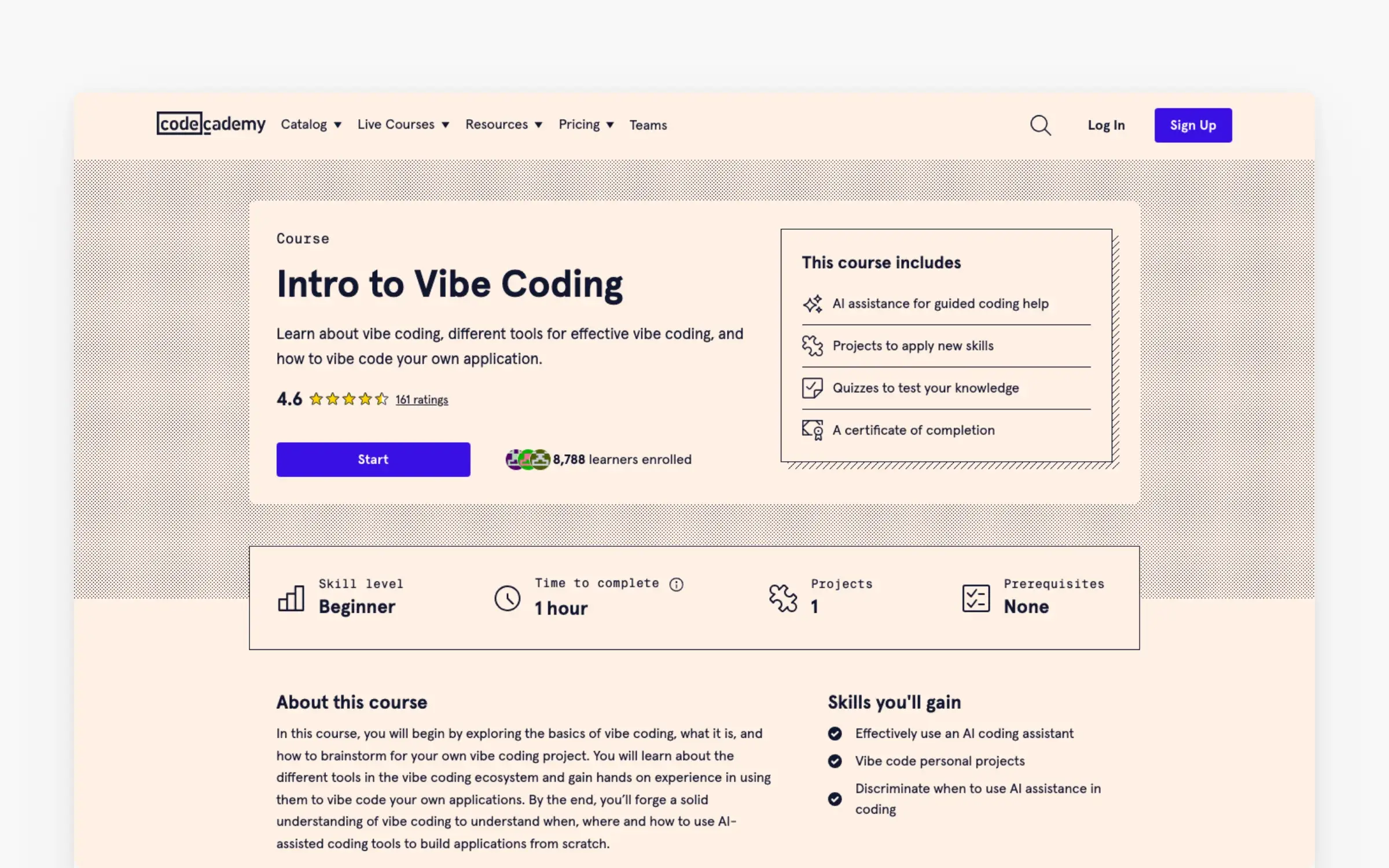 Codecademy's free interactive Intro to Vibe Coding course page
