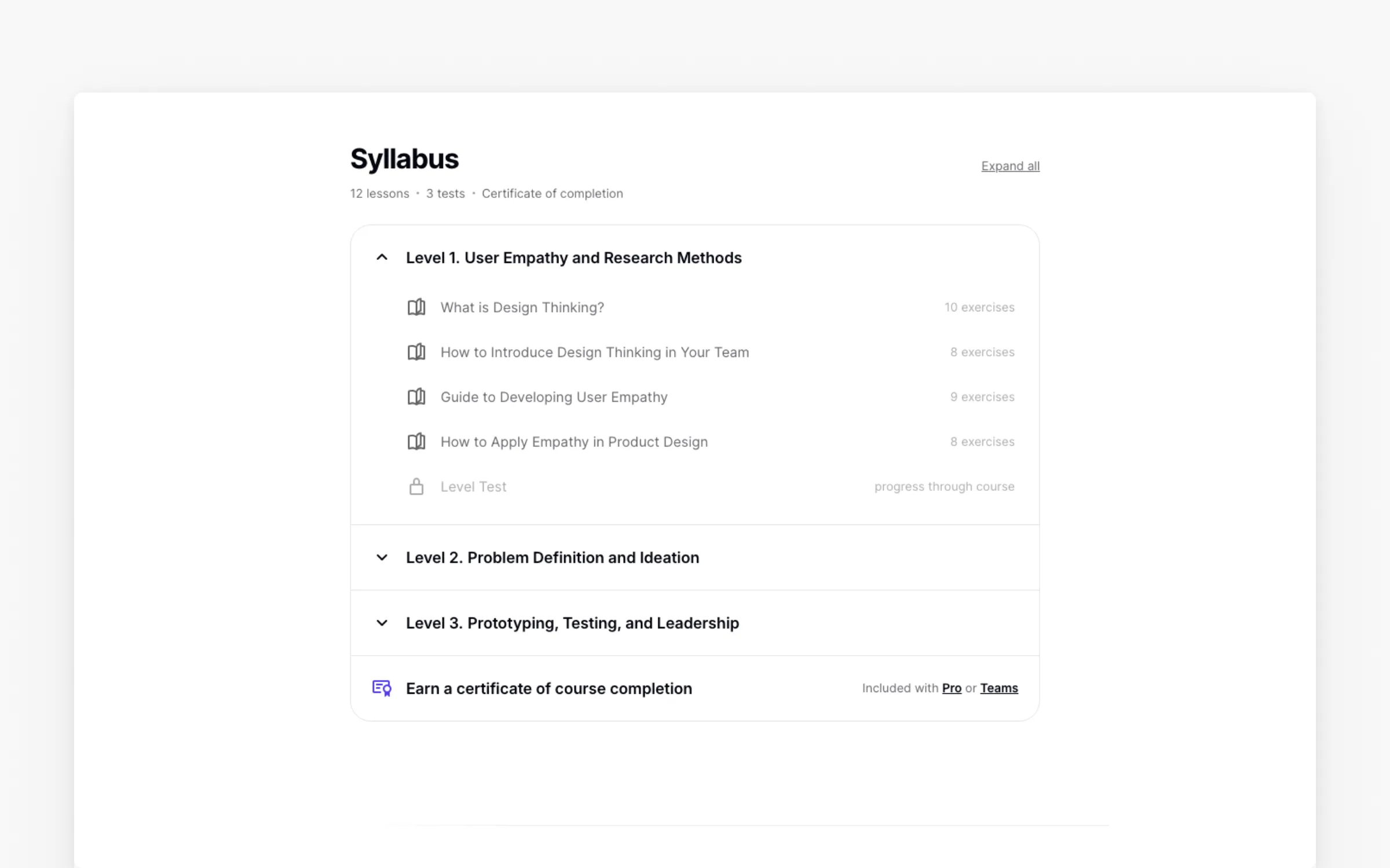 The Design Thinking for Product Teams syllabus: 12 lessons across three levels with a certificate of completion