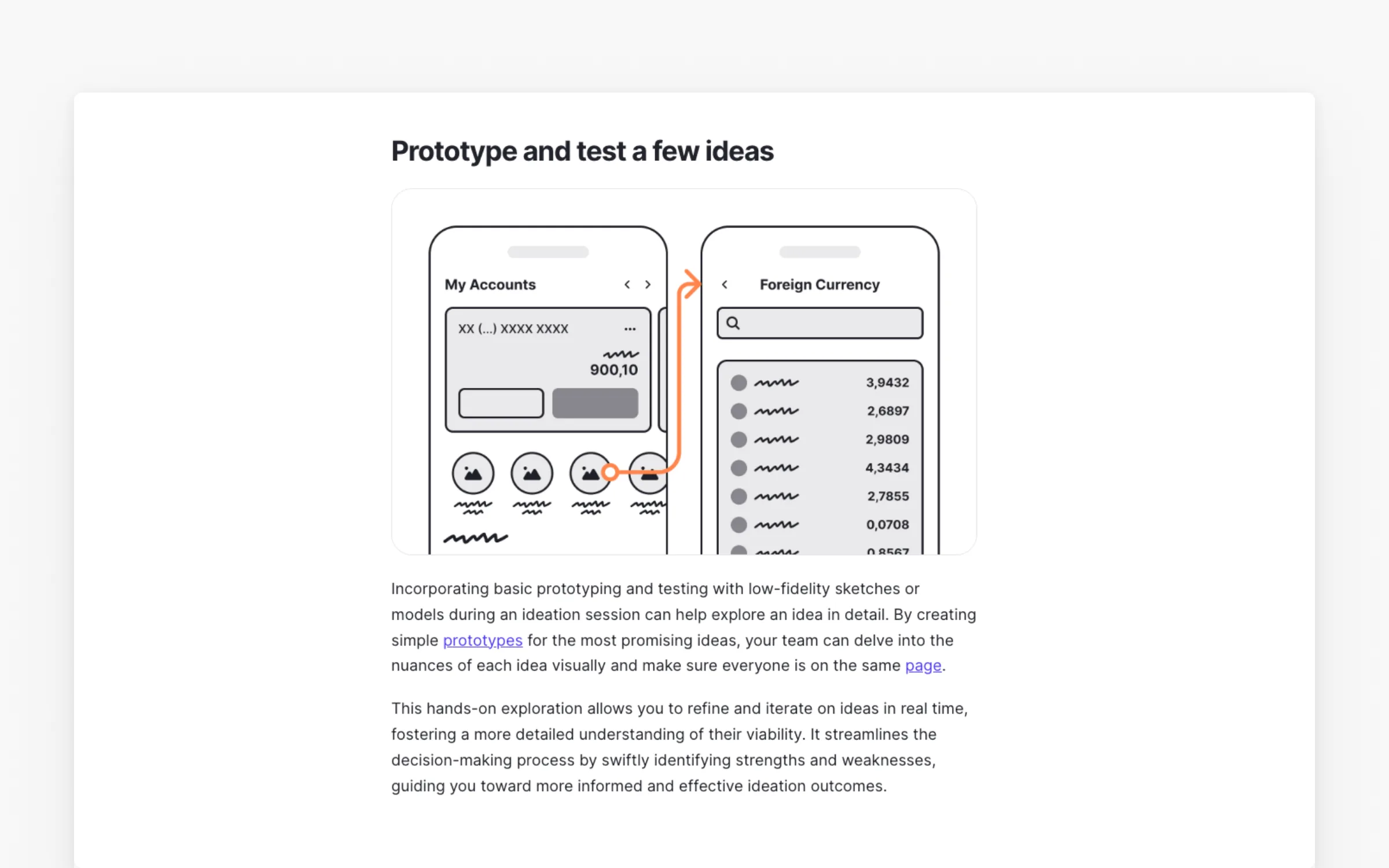 Prototype and test a few ideas exercise inside Uxcel's ideation lesson, showing a low-fidelity banking app wireframe