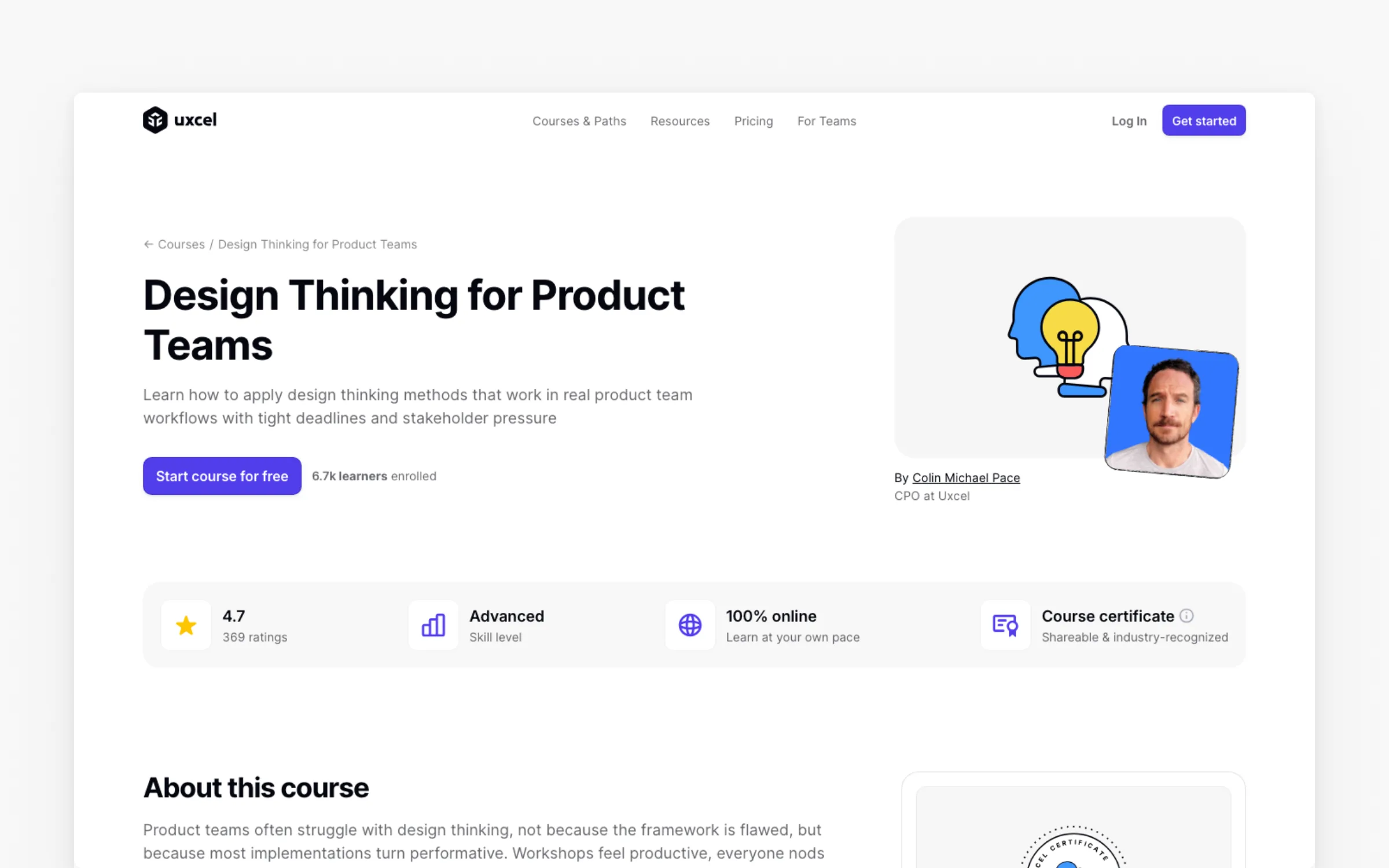 Design Thinking for Product Teams course page on Uxcel, advanced level, rated 4.7, free to start