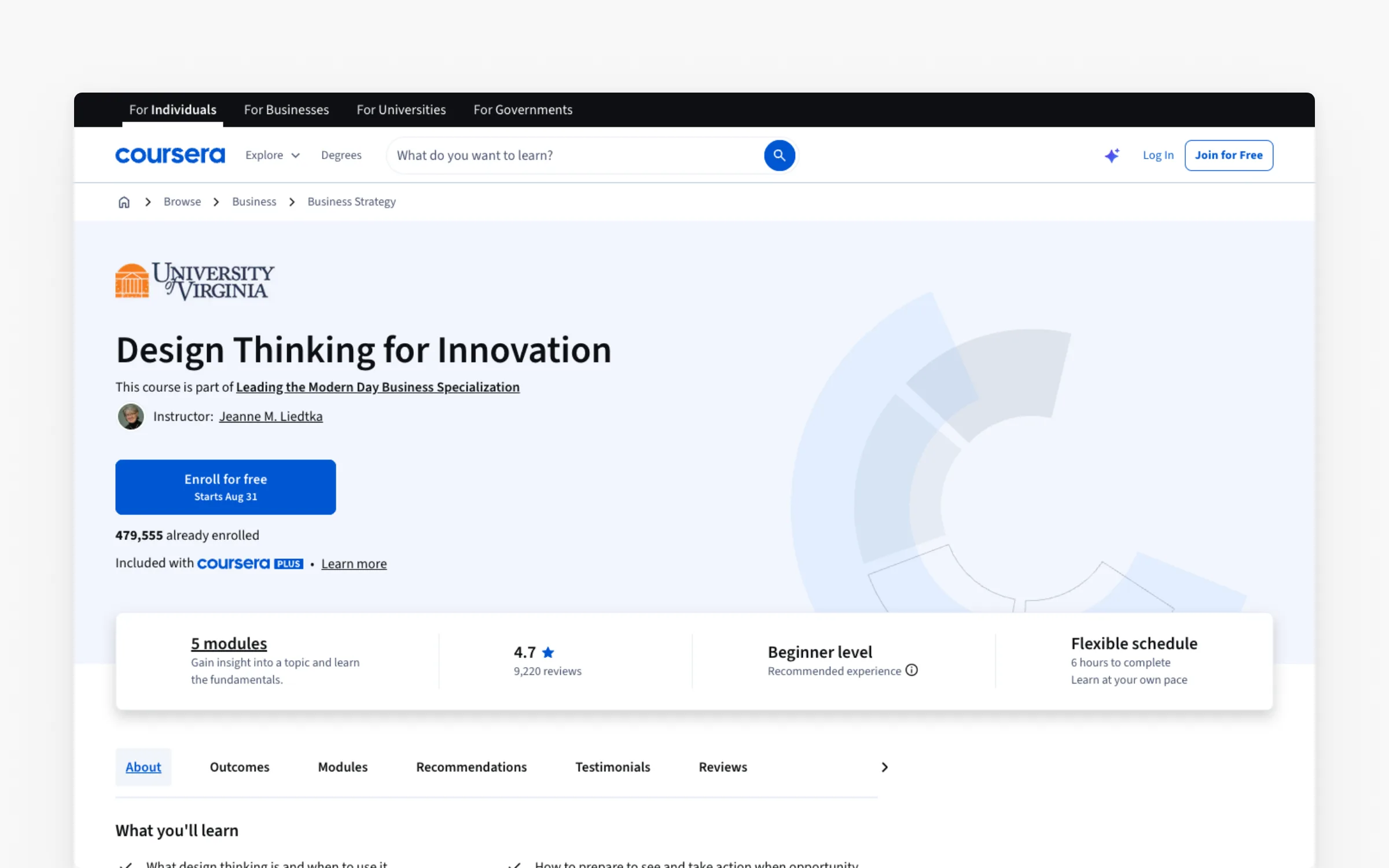 Design Thinking for Innovation by UVA Darden on Coursera, beginner level, free to enroll