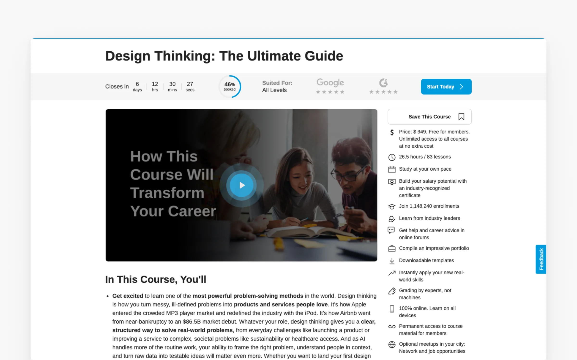 Design Thinking: The Ultimate Guide course page on IxDF, 26.5 hours across 83 lessons