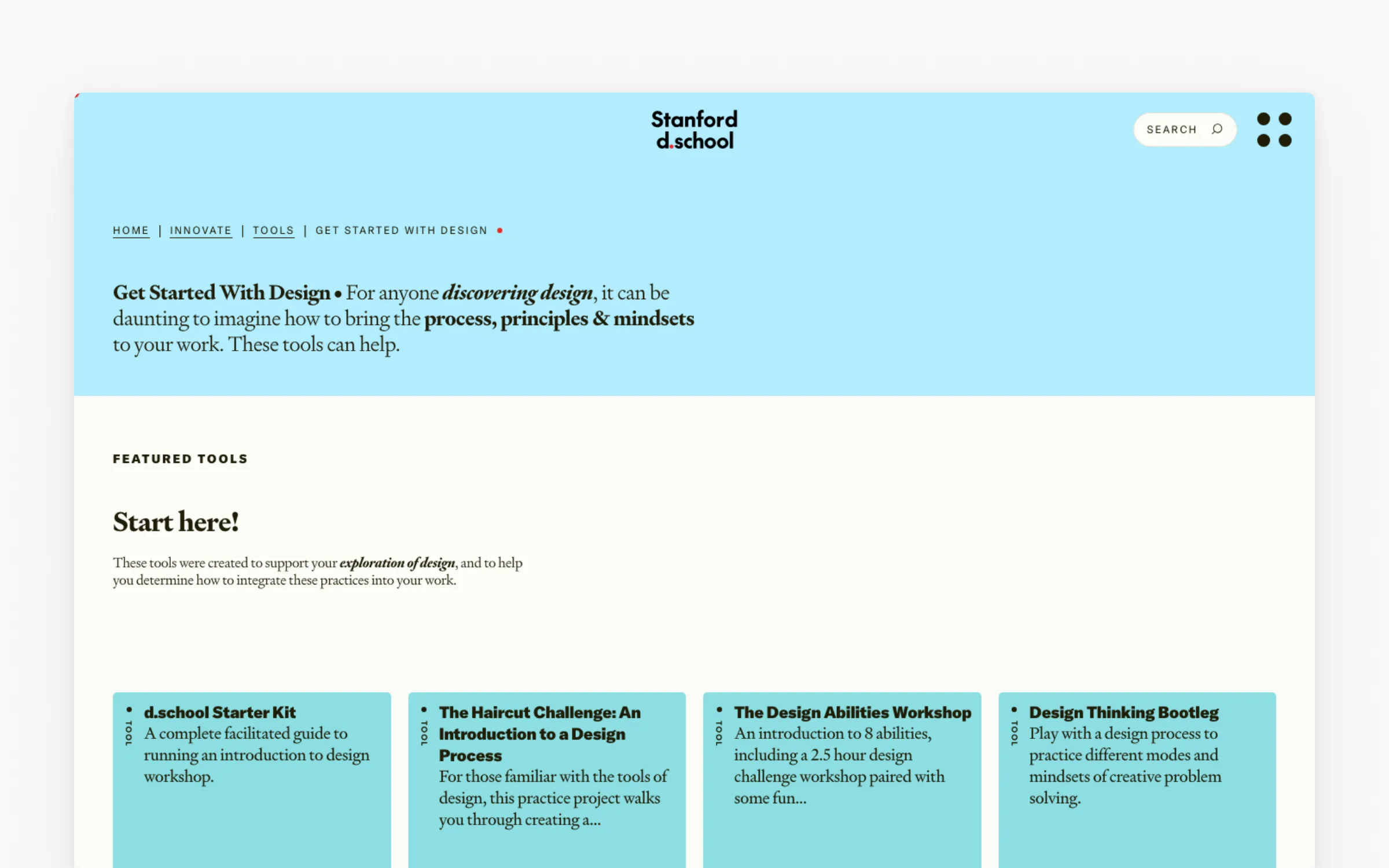 Stanford d.school's Get Started With Design page with the free Starter Kit and Design Thinking Bootleg