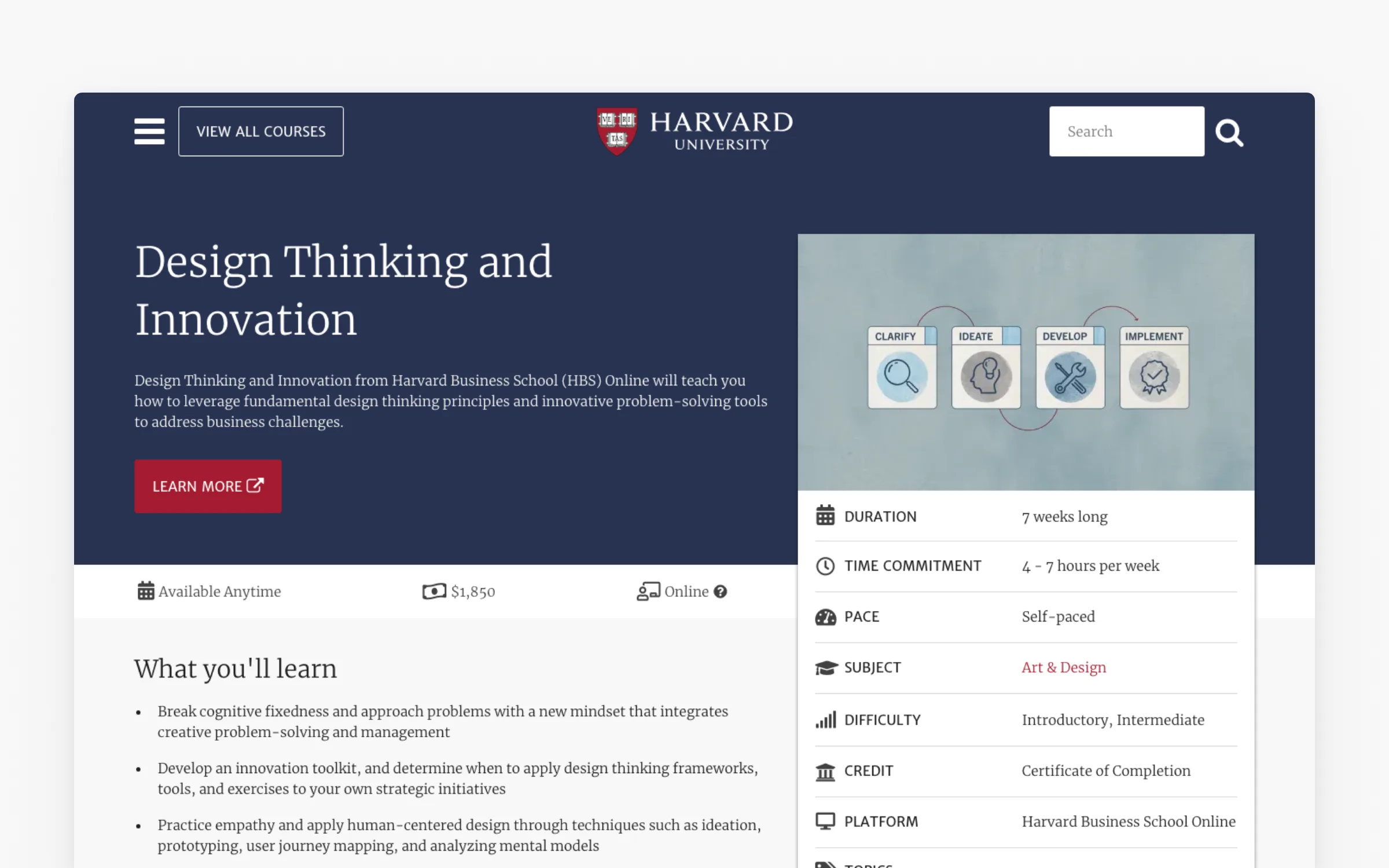 Design Thinking and Innovation course listing on Harvard's course catalog, seven weeks at $1,850