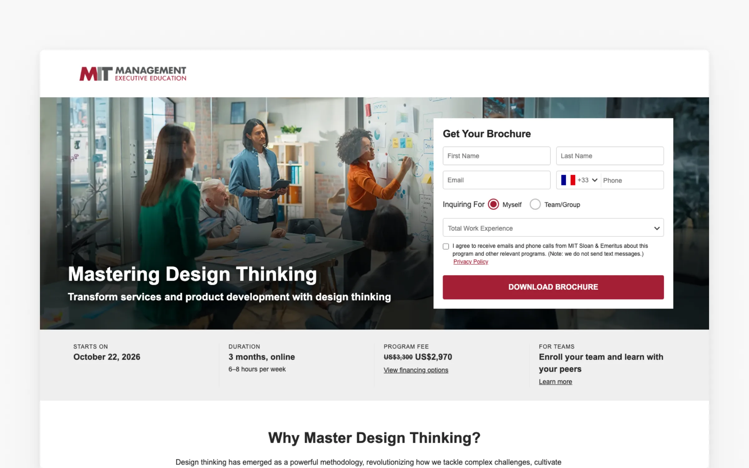 Mastering Design Thinking course page by MIT Sloan, three months online