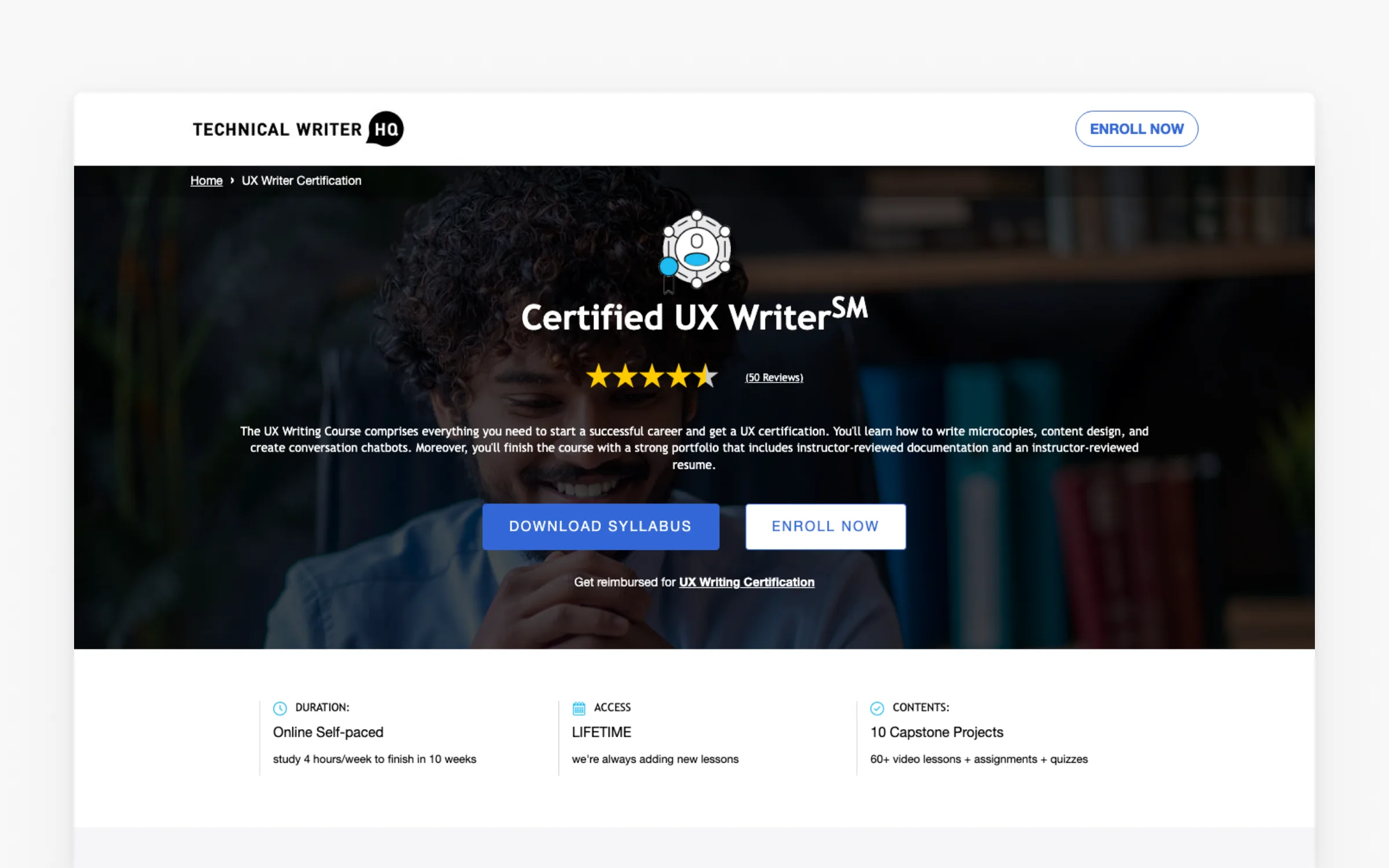 Certified UX Writer program page on Technical Writer HQ, self-paced with lifetime access