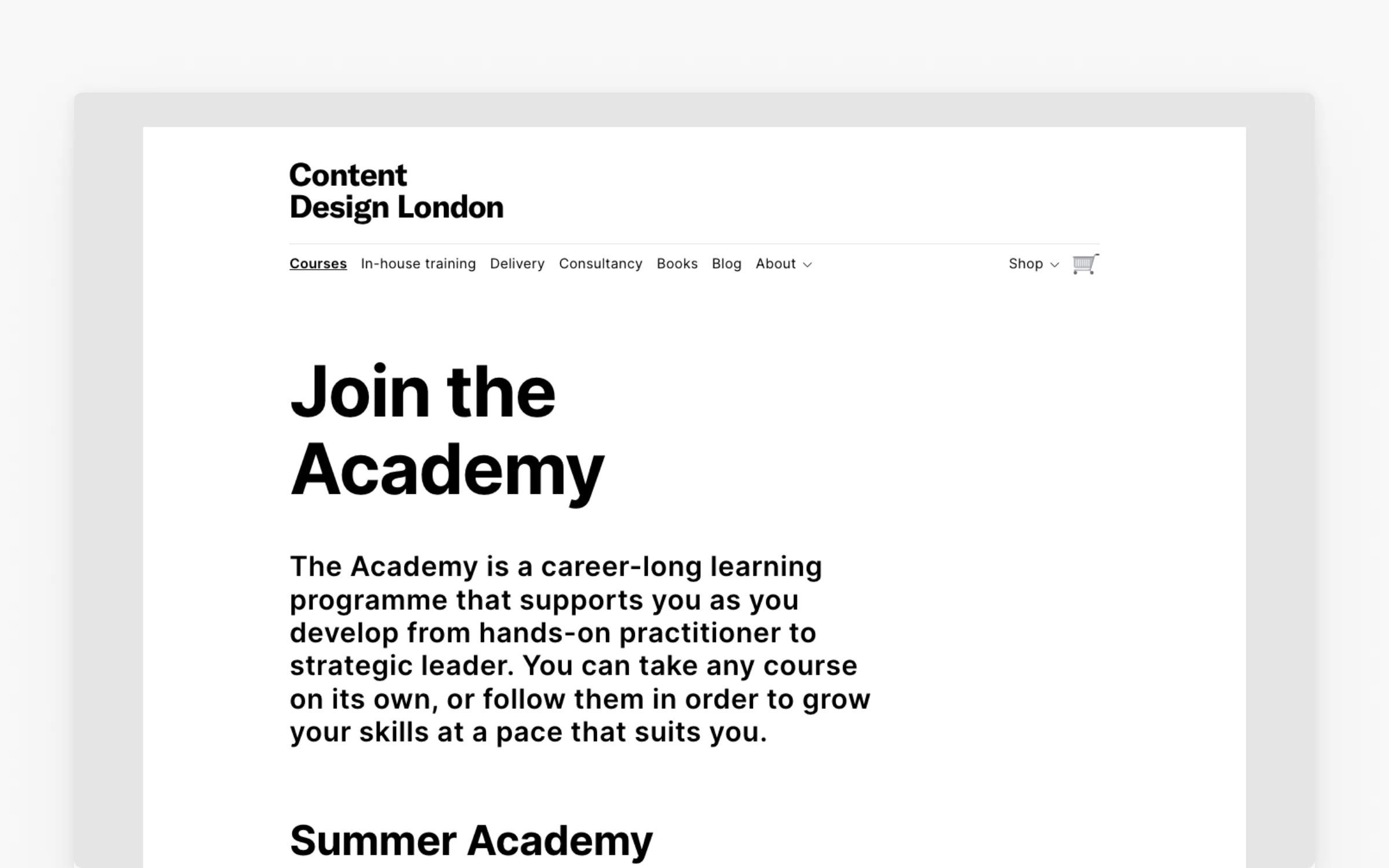 Content Design London Academy page for its content design training programme