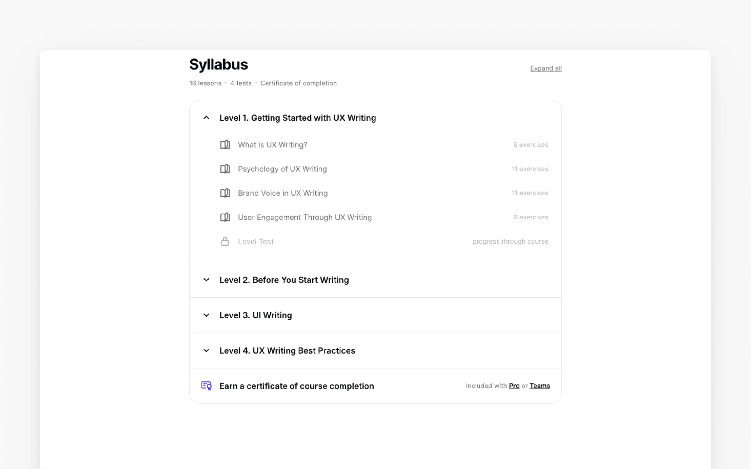 The UX Writing syllabus: 16 lessons across four levels with a certificate of completion