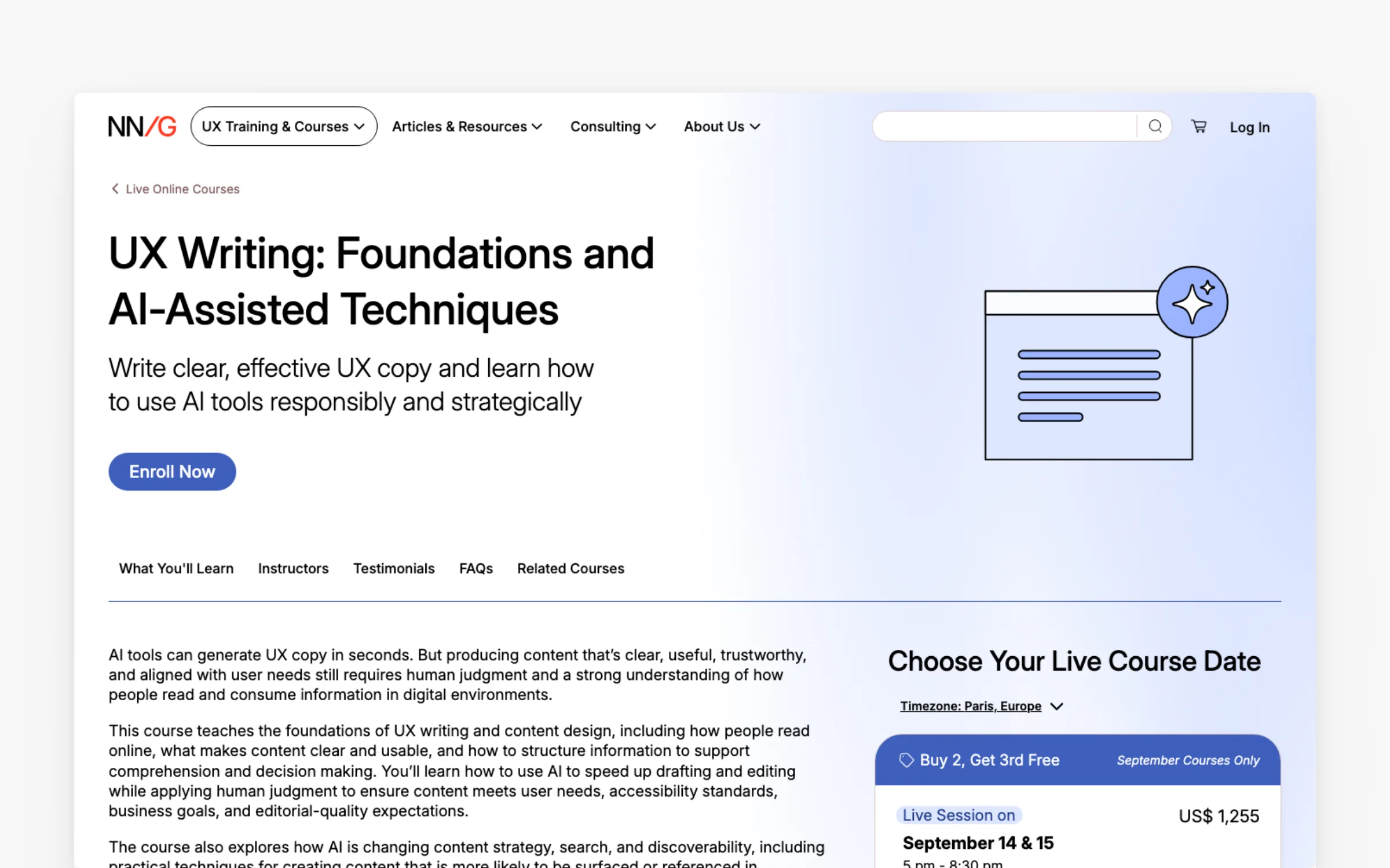 UX Writing: Foundations and AI-Assisted Techniques course page on Nielsen Norman Group