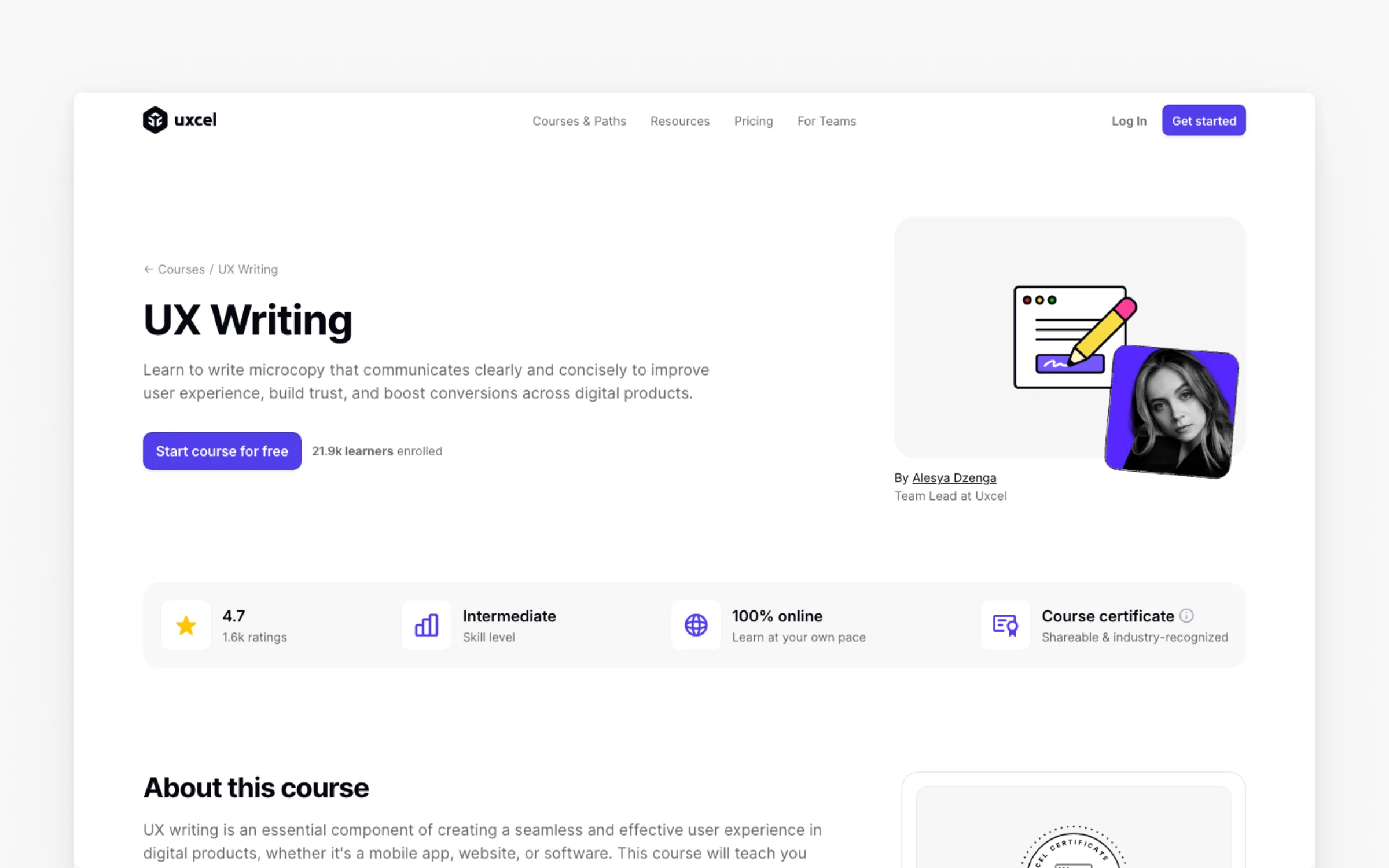 UX Writing course page on Uxcel, intermediate level, rated 4.7, free to start