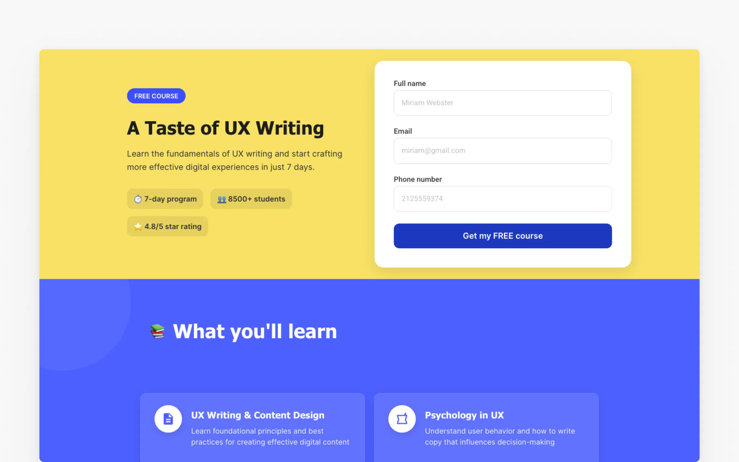 A Taste of UX Writing free seven-day course page by UX Writing Hub, rated 4.8