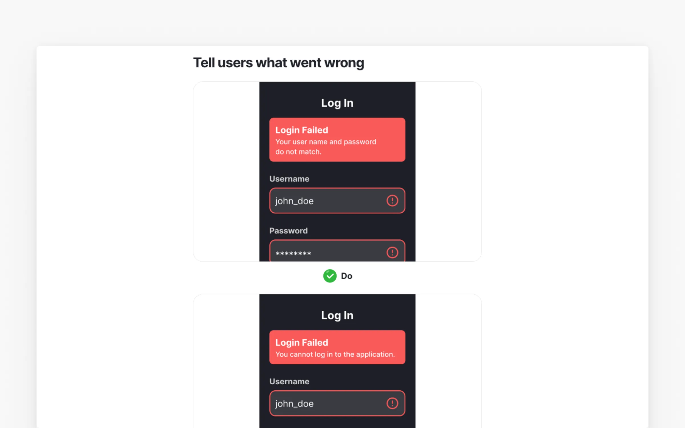 Do and don't login error examples from Uxcel's Writing Problem Messages lesson
