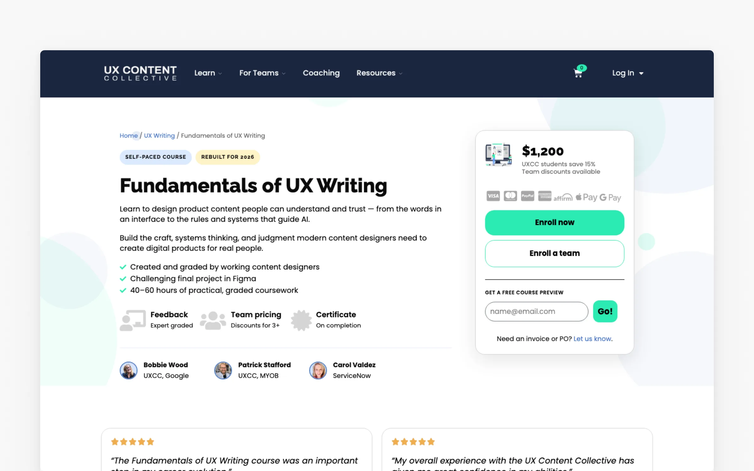 Fundamentals of UX Writing course page on UX Content Collective, self-paced, $1,200