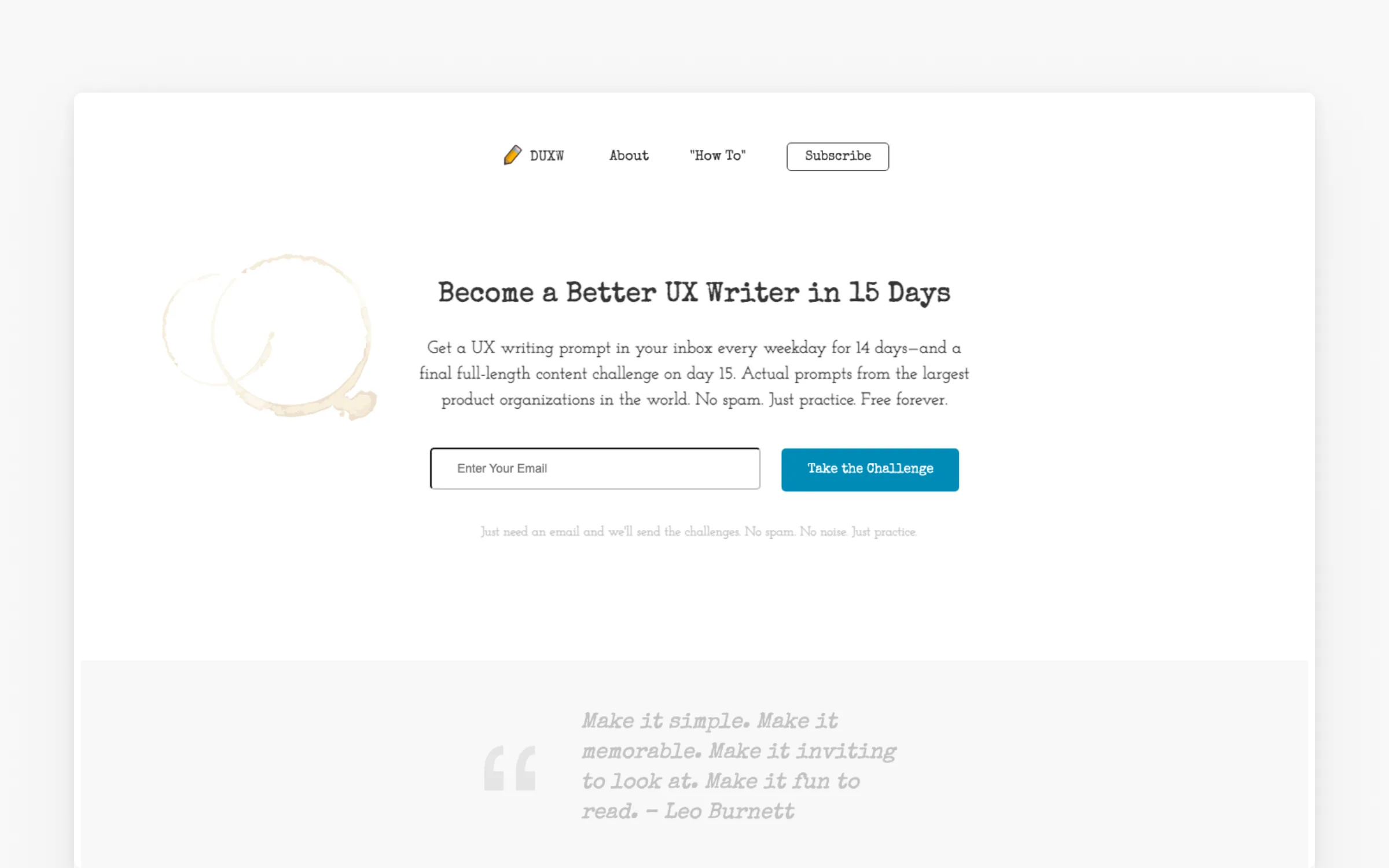 Daily UX Writing homepage offering a free 15-day UX writing challenge by email