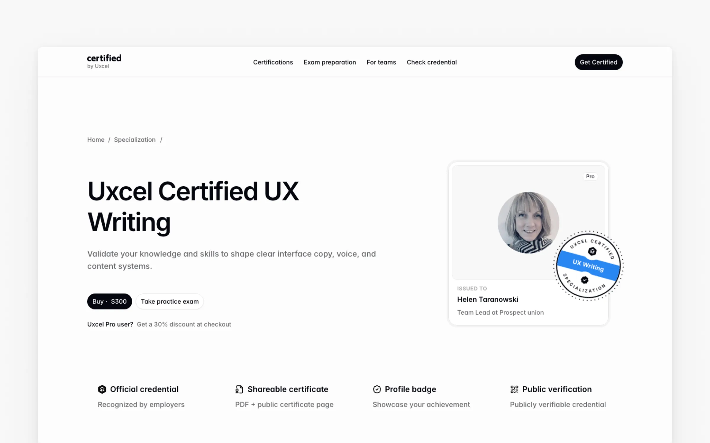 Uxcel Certified UX Writing exam page: an 80-question specialization exam with a free practice test