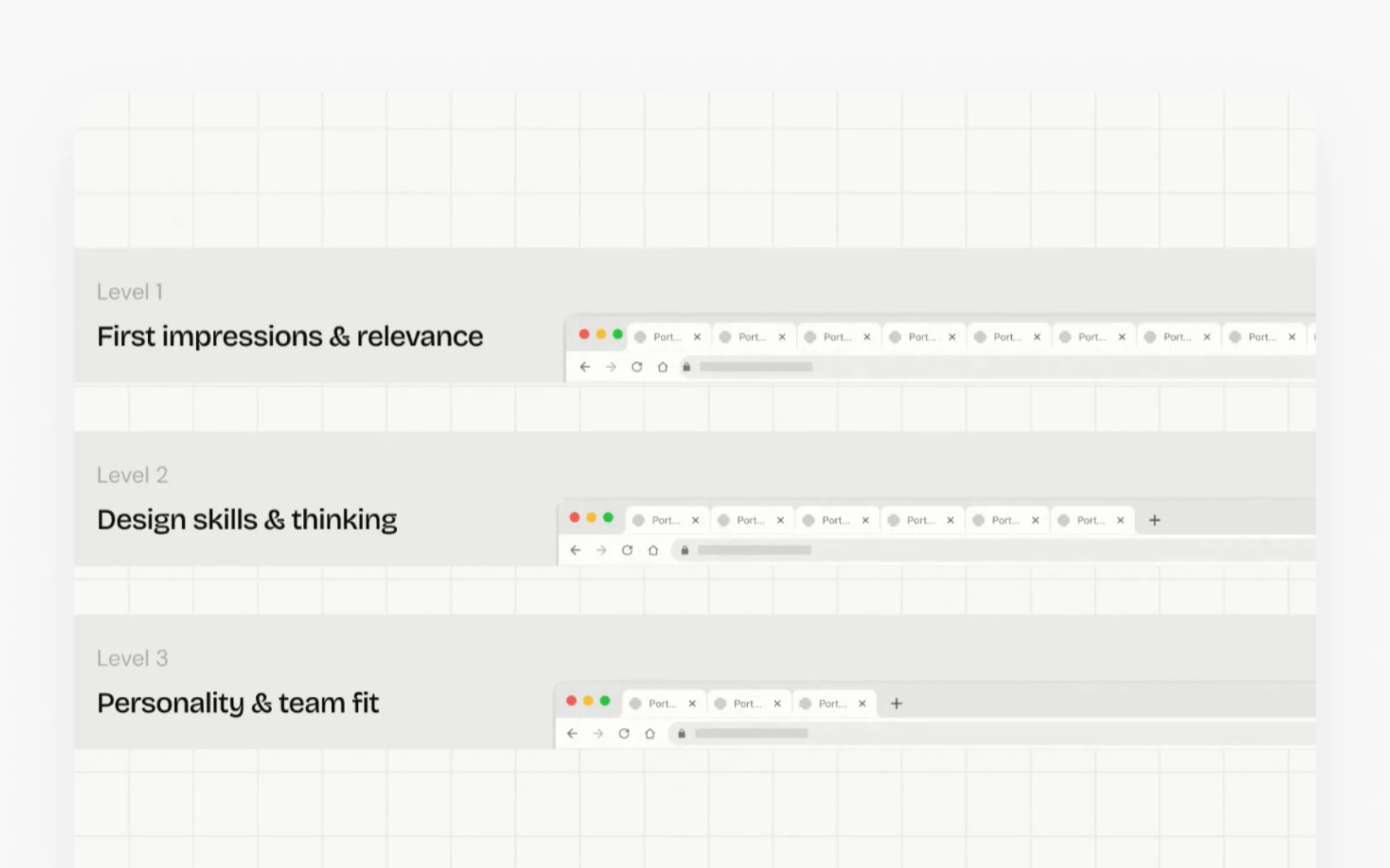 Réka's three review levels: first impressions and relevance, design skills and thinking, personality and team fit