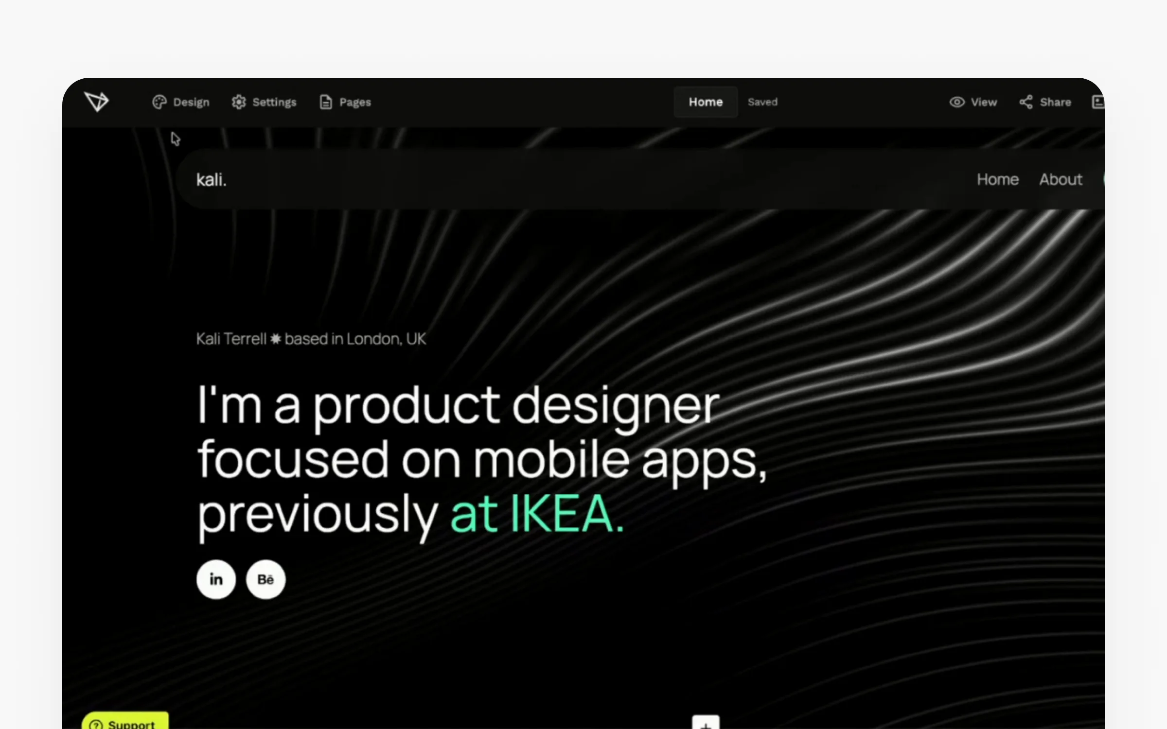 A UXfolio demo portfolio with an animated background in the hero section
