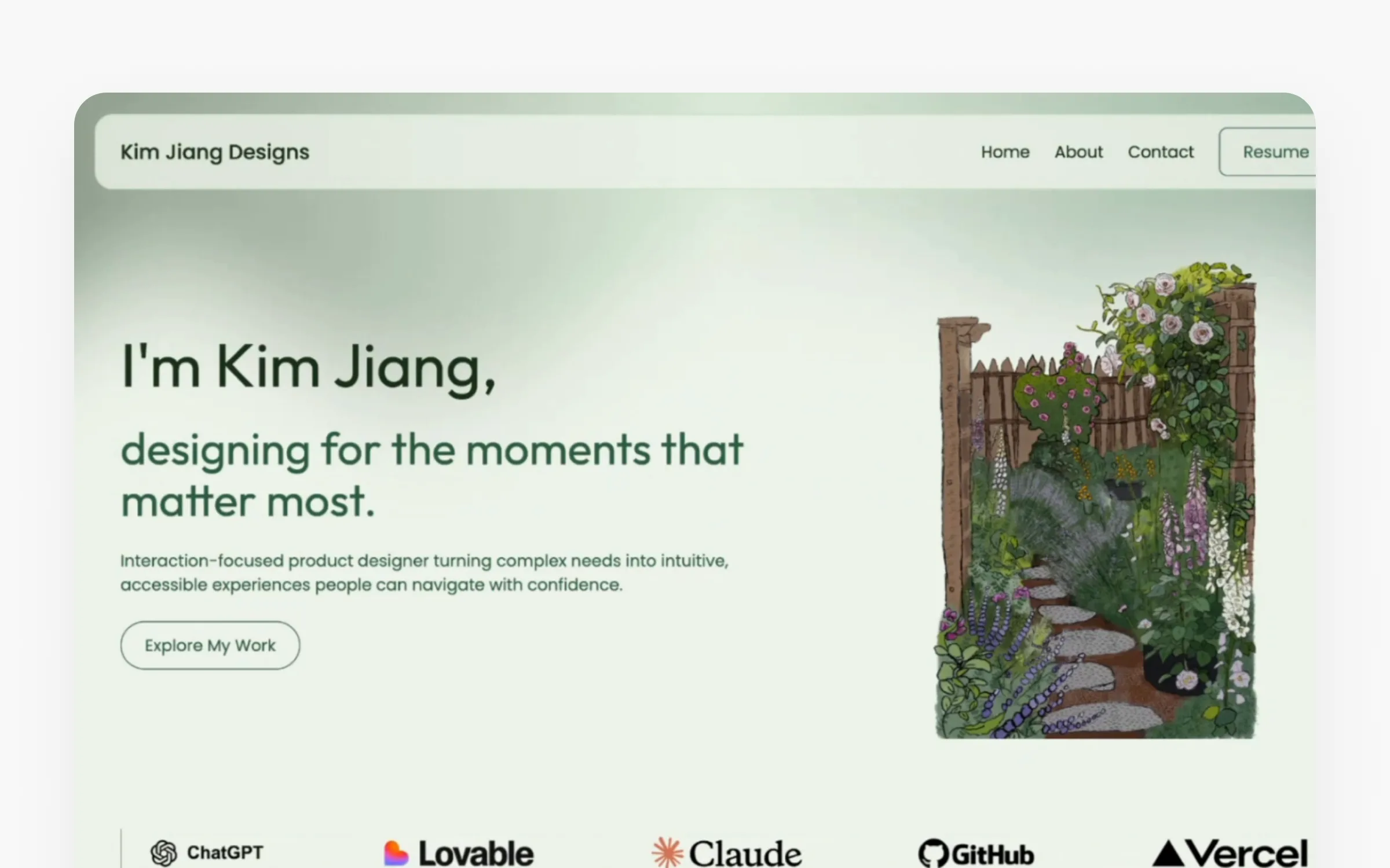 Kim Jiang's hand-illustrated hero with her tool stack below it: ChatGPT, Lovable, Claude, GitHub, and Vercel