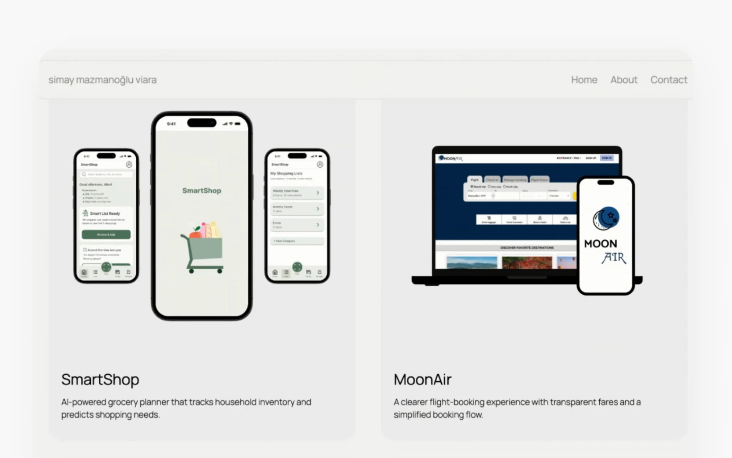 Simay's case study cards titled with the app names SmartShop and MoonAir and no role labels