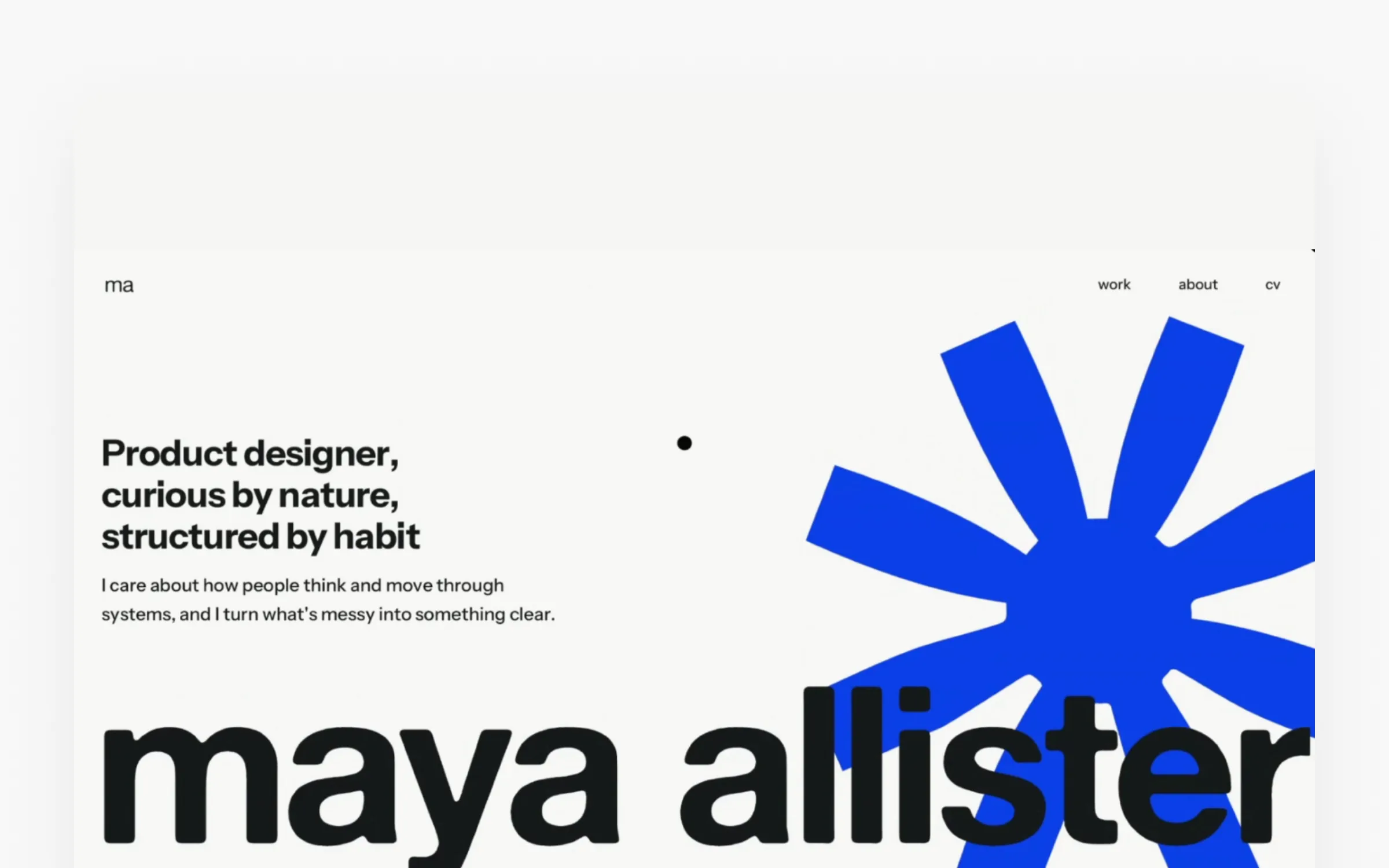 Maya Allister's hero section with the headline "Product designer, curious by nature, structured by habit"