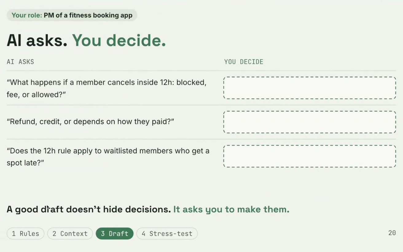 Slide with three questions AI asks about a cancellation feature and empty boxes for the PM's decisions