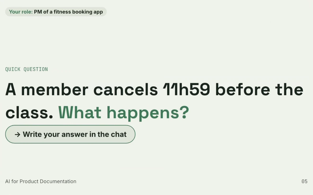 Rita Pais's slide asking what happens when a member cancels a class at 11h59 before it starts