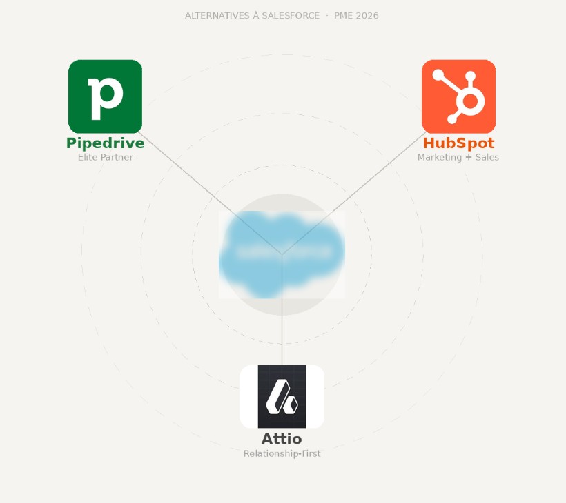 Quitter Salesforce : Pipedrive, HubSpot ou Attio ?