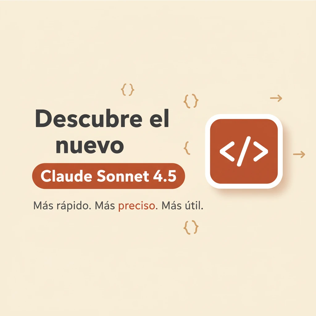 Portada minimalista en español con texto ‘Descubre el nuevo Claude Sonnet 4.5’, icono de código y fondo crema