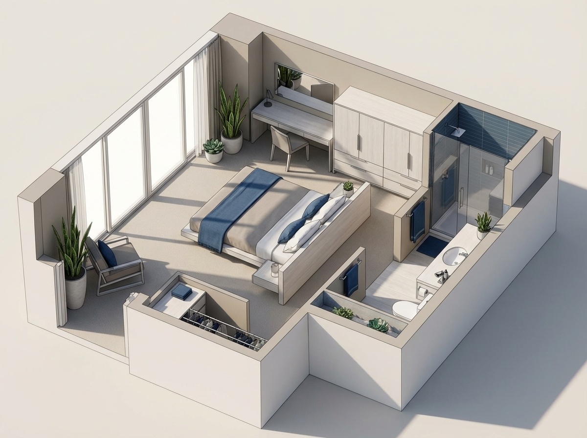 Vista isométrica 3D de dormitorio principal con muebles modernos y minimalistas, paleta de colores neutros y acentos en azul, generada a partir de un plano con Gemini 3 Pro Image (Nano Banana Pro).