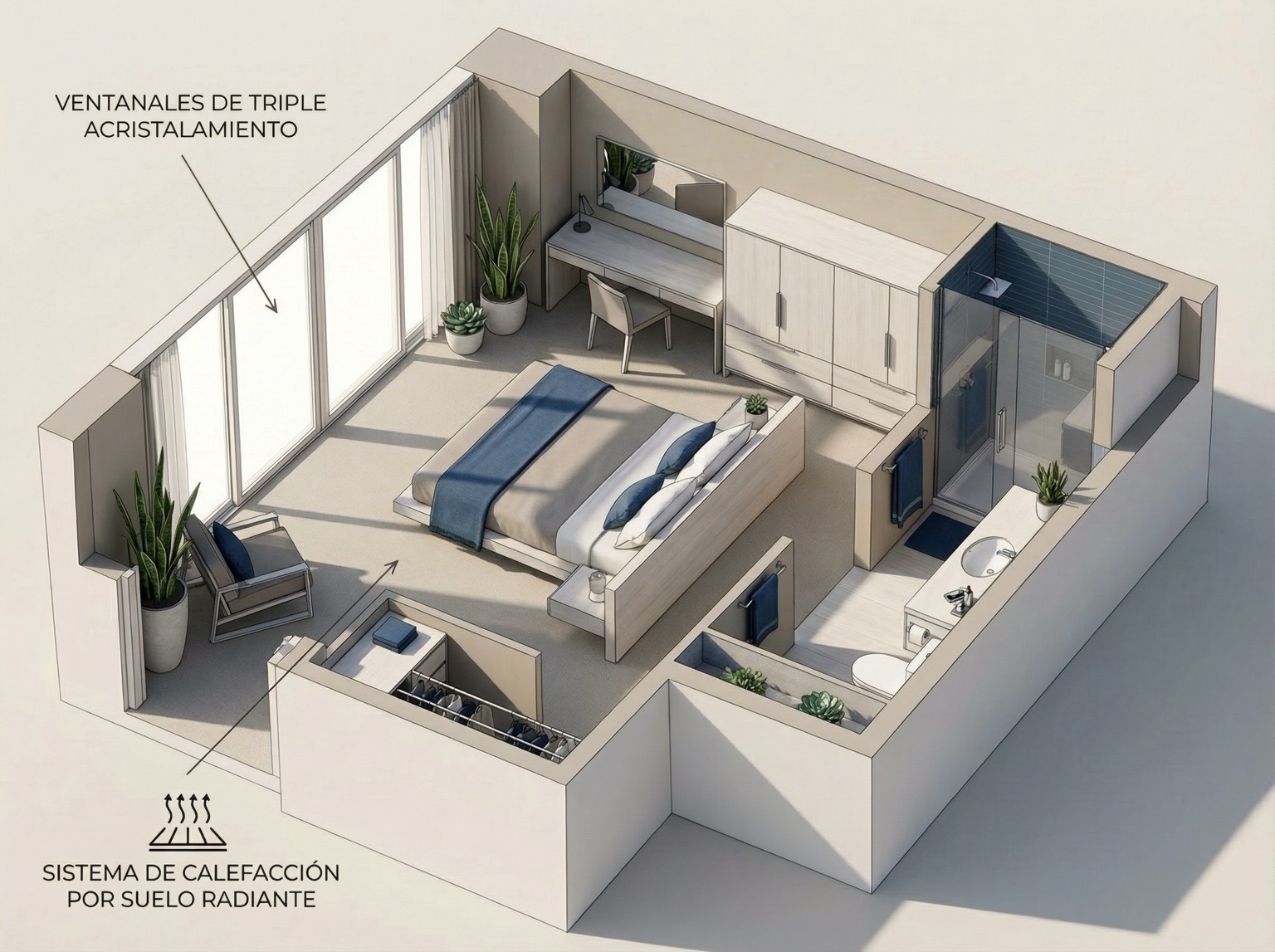 Vista isométrica 3D de dormitorio principal con anotaciones que señalan el sistema de calefacción por suelo radiante y los ventanales de triple acristalamiento, con flechas discretas y tipografía moderna, generada con Gemini 3 Pro Image (Nano Banana Pro).