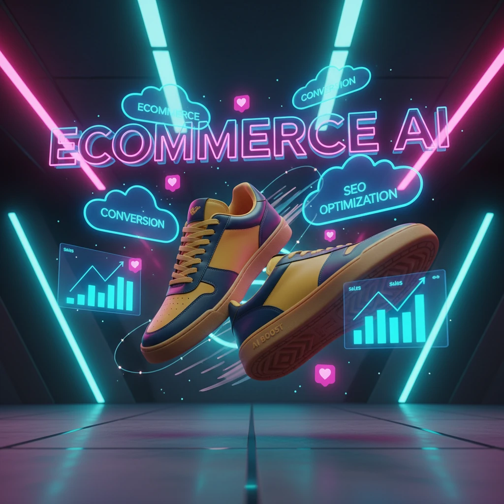 Zapatillas deportivas flotando en escenario neón con “ECOMMERCE AI” y gráficos de ventas, SEO y conversión.