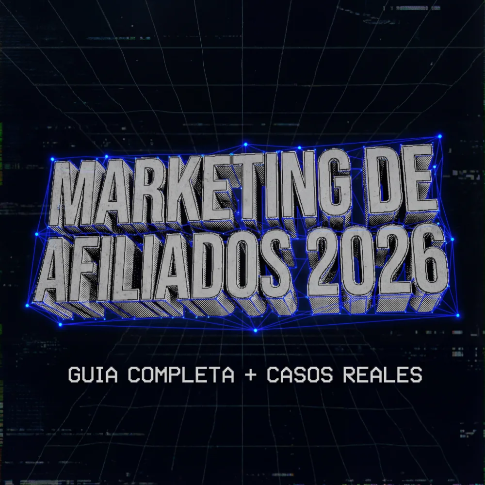Texto en 3D y efecto de glitch "MARKETING DE AFILIADOS 2026", renderizado como bloques de hormigón con una estructura de alambre azul brillante. Debajo, en una fuente pixelada más pequeña, se lee "GUIA COMPLETA + CASOS REALES" sobre un fondo de cuadrícula digital oscura y distorsionada.