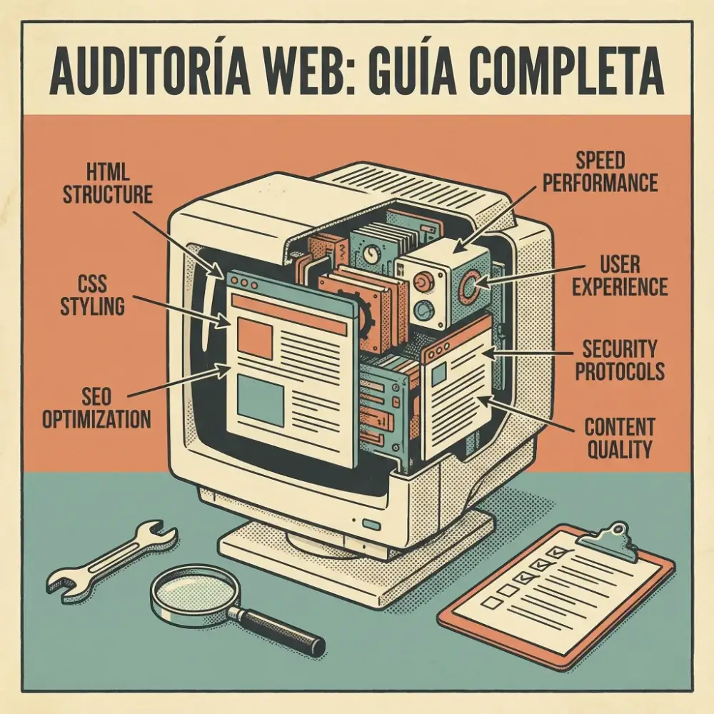 Ilustración estilo retro de un ordenador con vista interna. Título "Auditoría Web: Guía Completa". Flechas señalan componentes etiquetados: HTML Structure, CSS Styling, SEO Optimization, Speed Performance, User Experience, Security Protocols y Content Quality. Incluye lupa, llave inglesa y checklist.