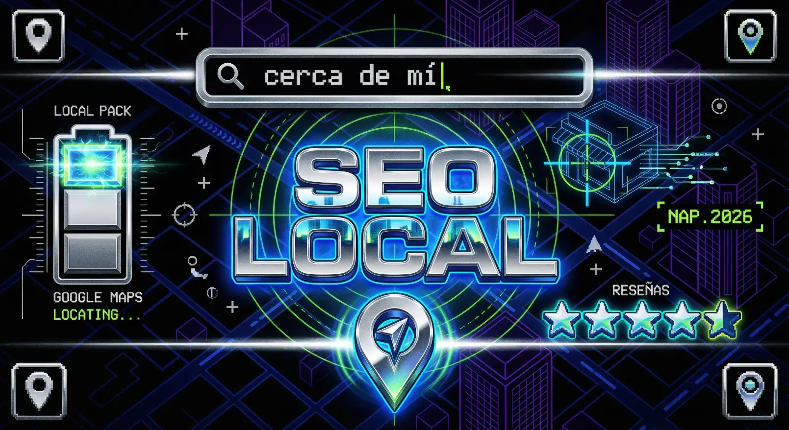 Ilustración futurista sobre SEO local que muestra un mapa digital con edificios, un buscador con el texto “cerca de mí”, iconos de ubicación, Google Maps localizando, reseñas con estrellas y el título central “SEO LOCAL”, representando la optimización de negocios locales para búsquedas geolocalizadas en 2026.