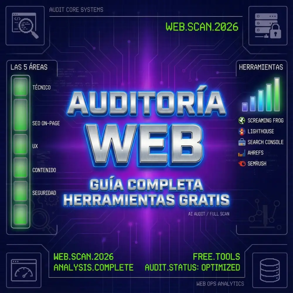 Banner horizontal sobre auditoría web con estilo futurista en tonos azul oscuro, púrpura y verde neón. Presenta las 5 áreas de auditoría web (técnico, SEO on-page, UX, contenido, seguridad) y las herramientas gratuitas recomendadas: Screaming Frog, Lighthouse, Search Console, Ahrefs y Semrush.