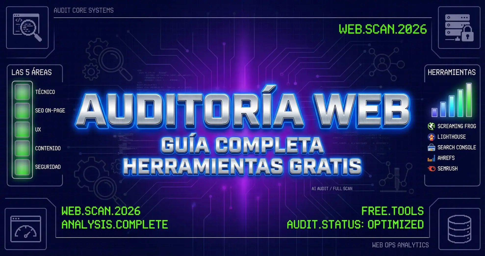 Banner horizontal sobre auditoría web con estilo futurista en tonos azul oscuro, púrpura y verde neón. Presenta las 5 áreas de auditoría web (técnico, SEO on-page, UX, contenido, seguridad) y las herramientas gratuitas recomendadas: Screaming Frog, Lighthouse, Search Console, Ahrefs y Semrush.