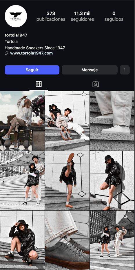 Feed de Instagram de Tórtola 1947 mostrando contenido de producto y lifestyle