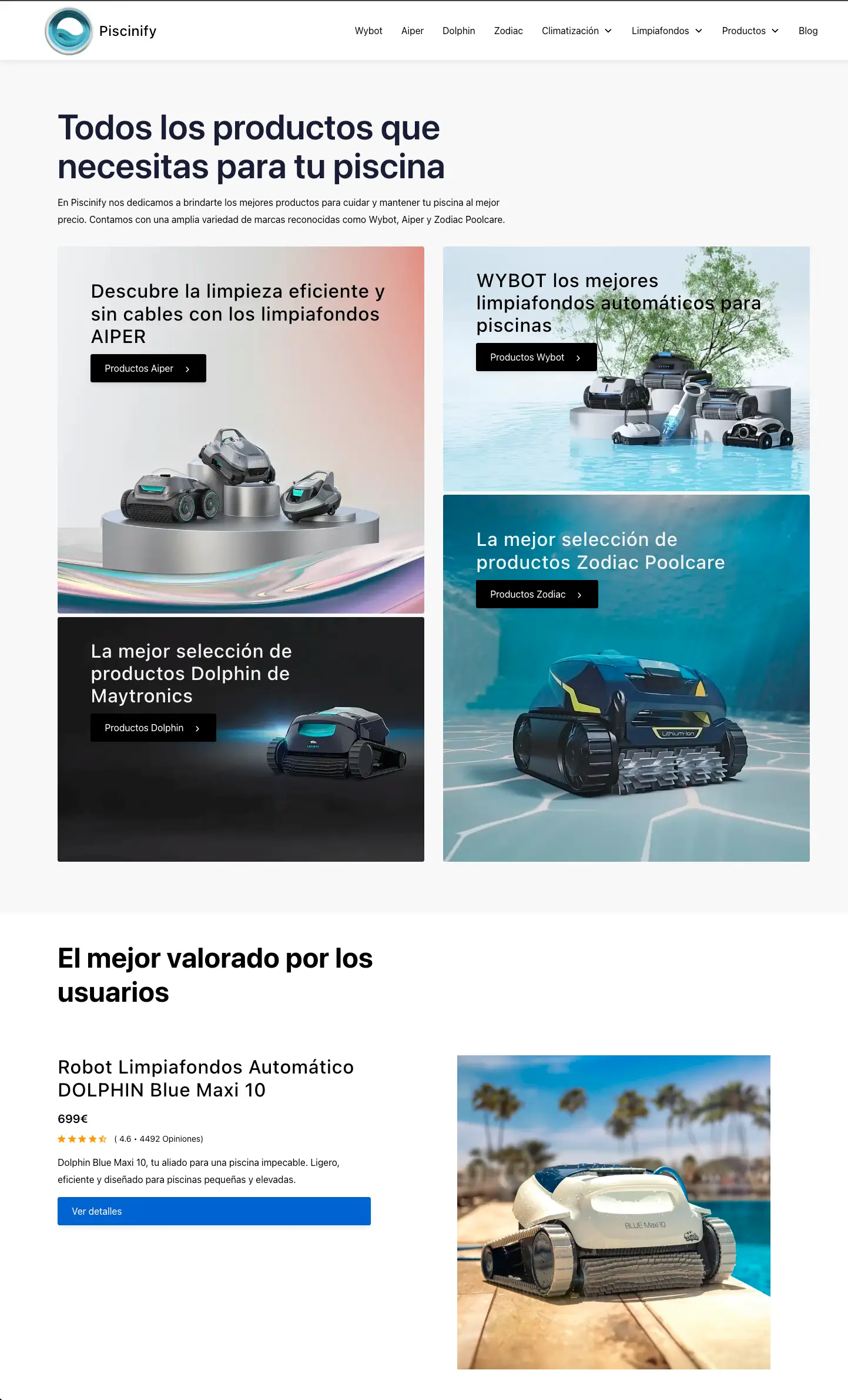 Piscinify home page - hero section con categorías de productos