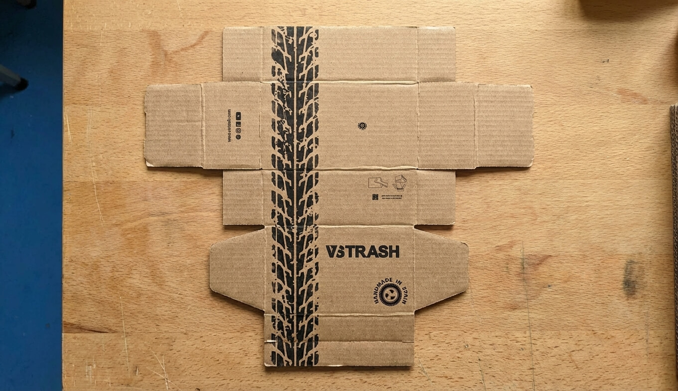 Visualización fotorrealista de la caja VSTRASH en cartón