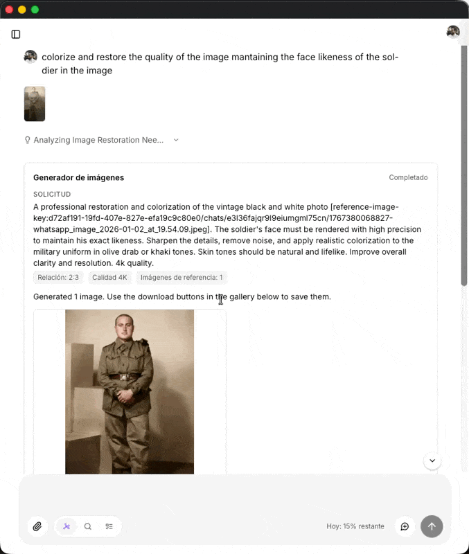 ilisai UI - colorización de foto histórica con IA, cambio de idioma y modo oscuro
