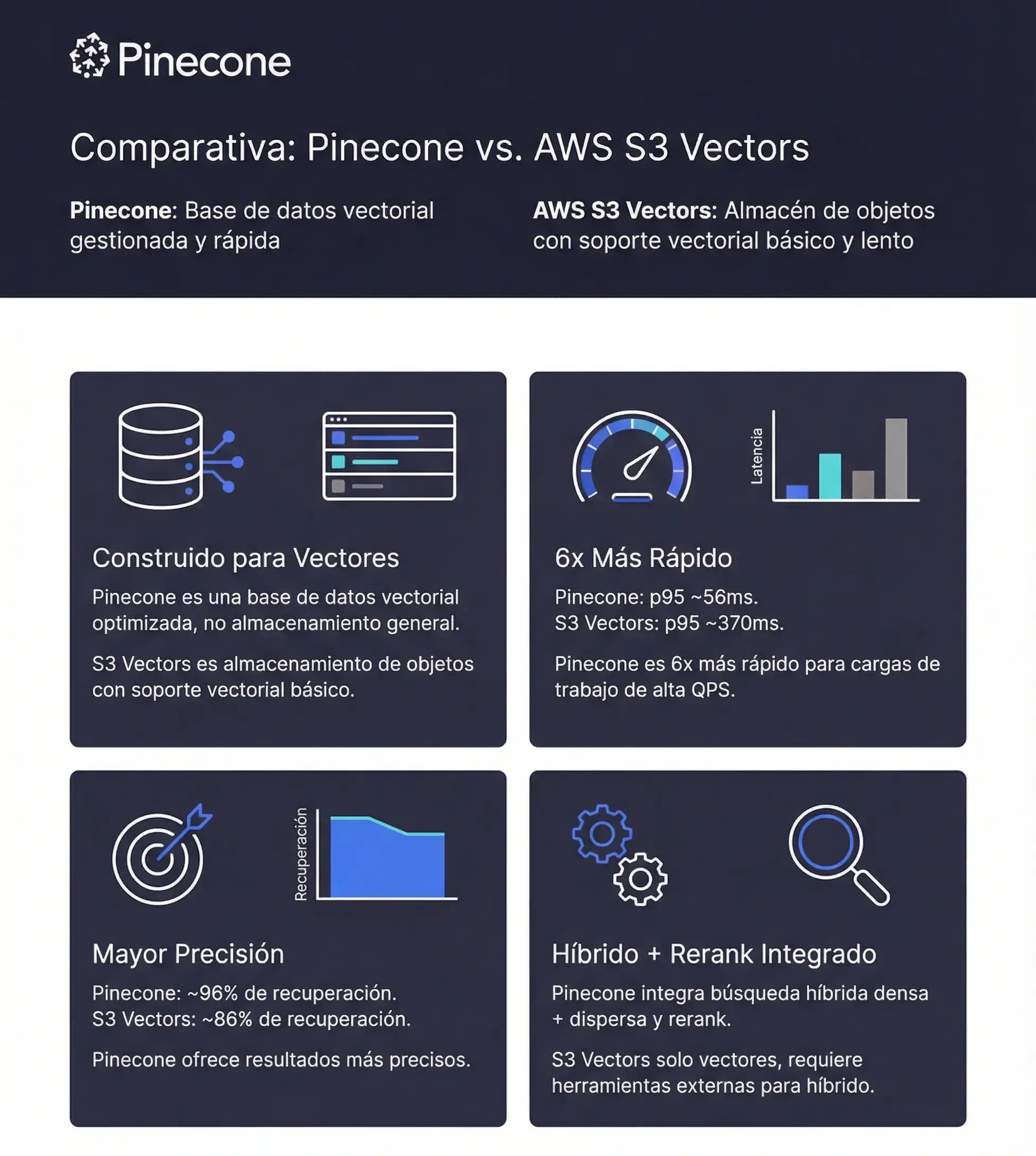Comparativa visual Pinecone vs AWS S3 Vector: rendimiento, latencia y casos de uso en bases vectoriales.