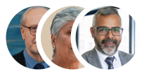 Profile pictures of three diverse professionals in circular frames.