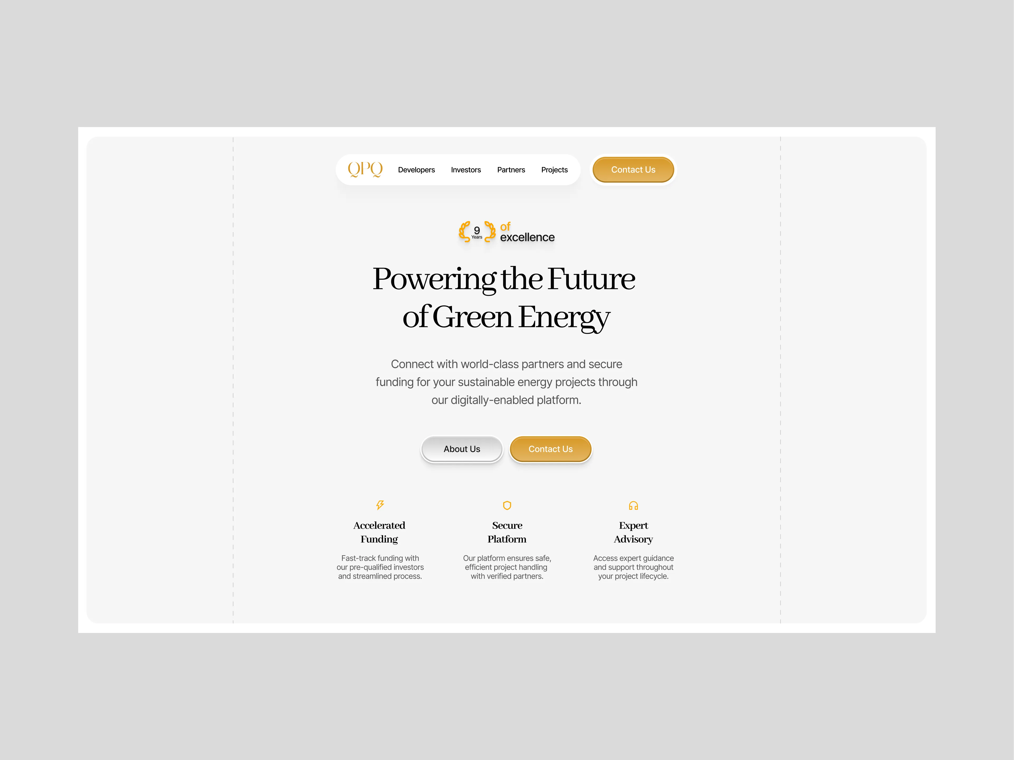 QPQ website homepage with navigation links, banner stating 'Powering the Future of Green Energy,' buttons for About Us and Contact Us, and features on Accelerated Funding, Secure Platform, and Expert Advisory.