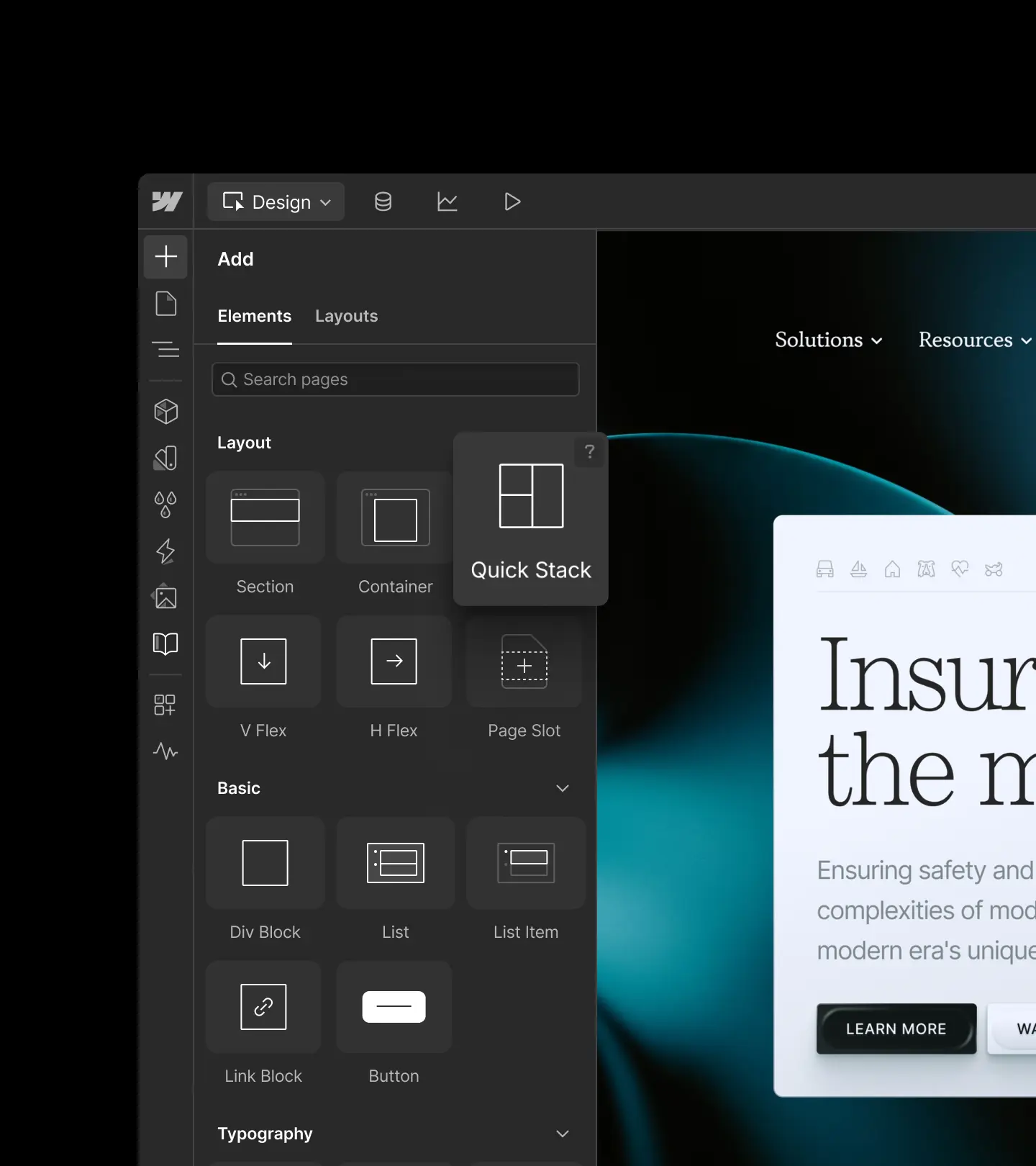 Web design tool interface showing layout elements such as Section, Container, V Flex, H Flex, and Quick Stack with a partial webpage preview on the right side.